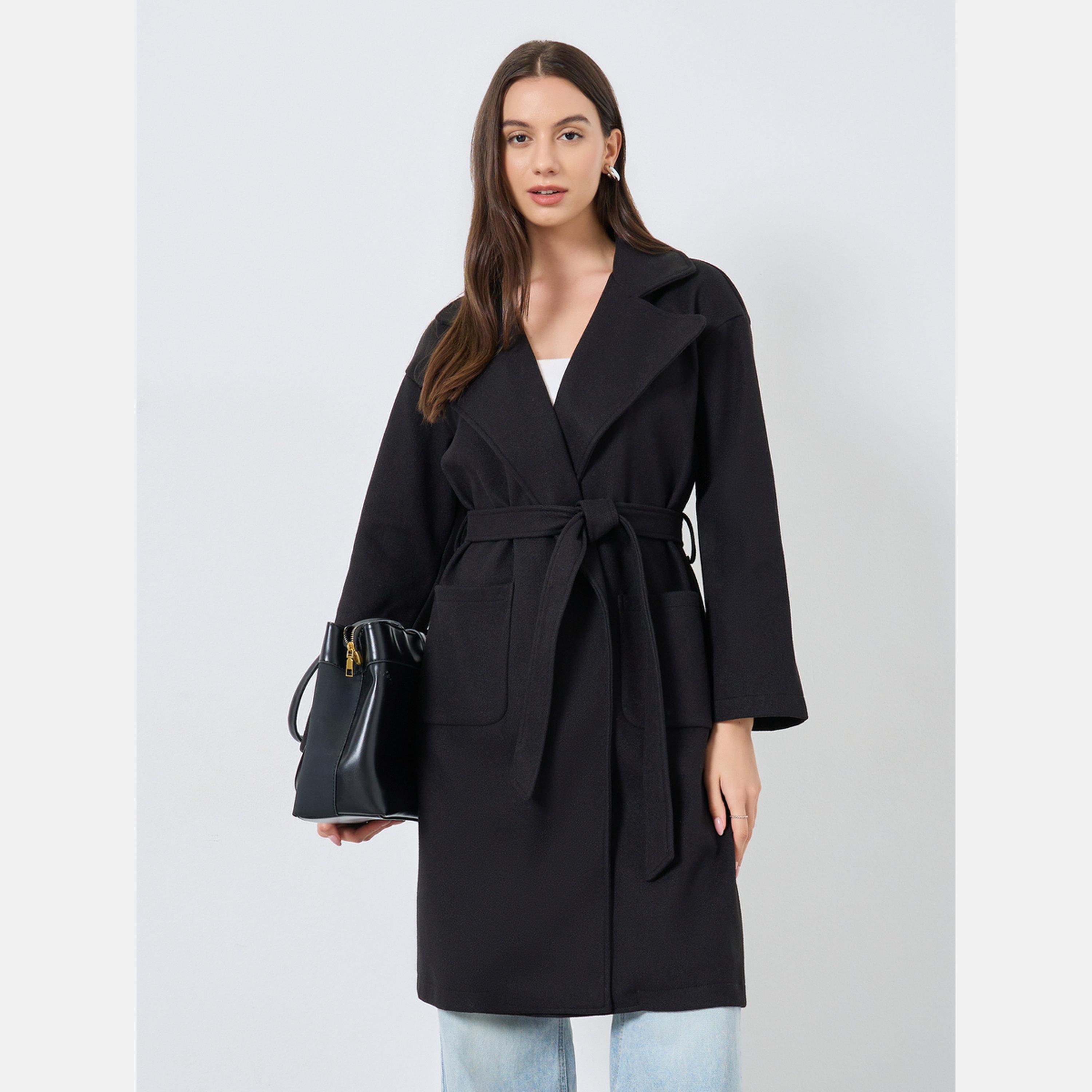 تيك تو - معطف نسائي أسود سادة متوسط ​​الطول بقصة عادية وياقة وأكمام طويلة يشبه الصوف-women-clothing-coatsandjackets-coats-image-1