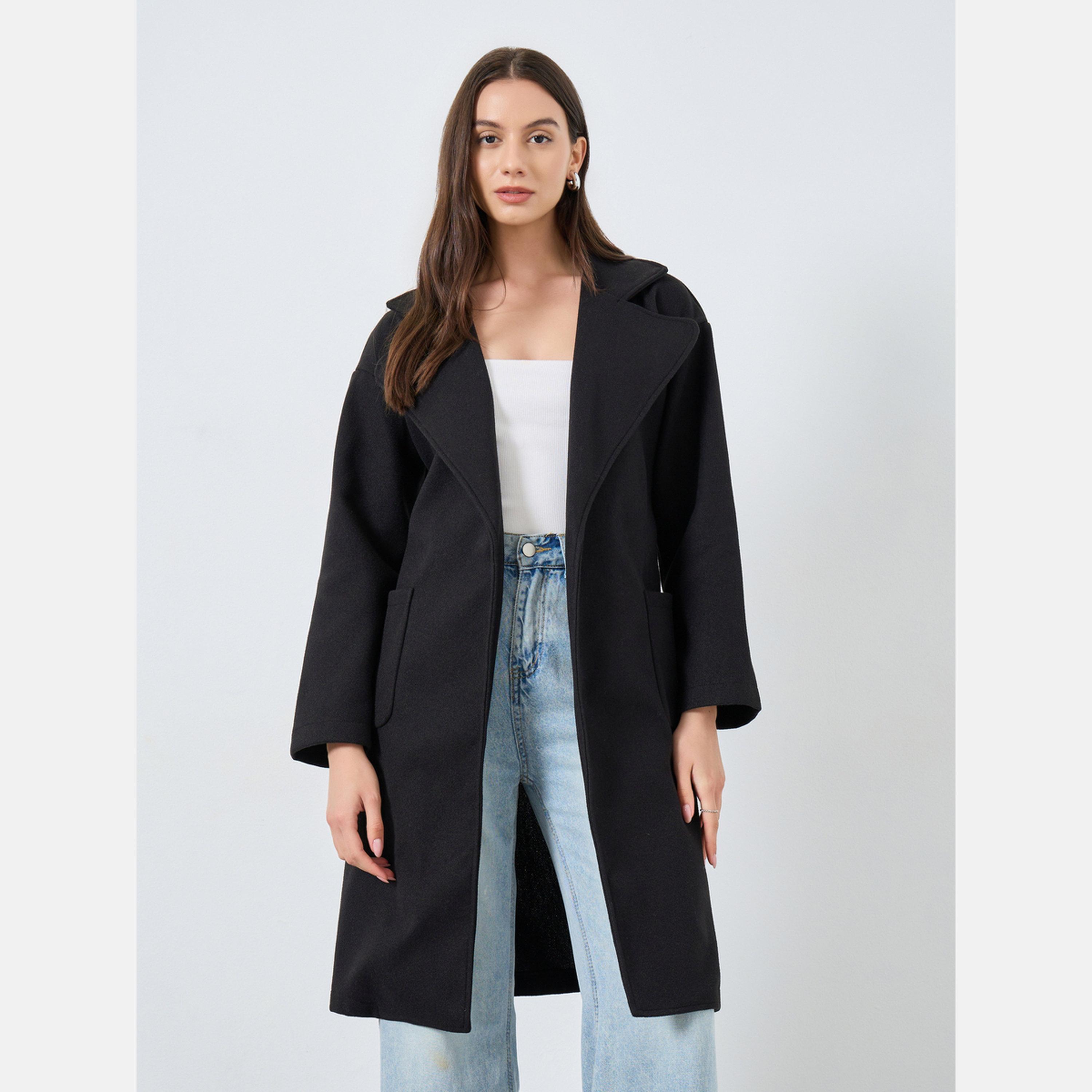 Take Two Black Solid Regular Fit Collared Long Sleeves Women's Wool Like Midi Coat-women-clothing-coatsandjackets-coats-image-3