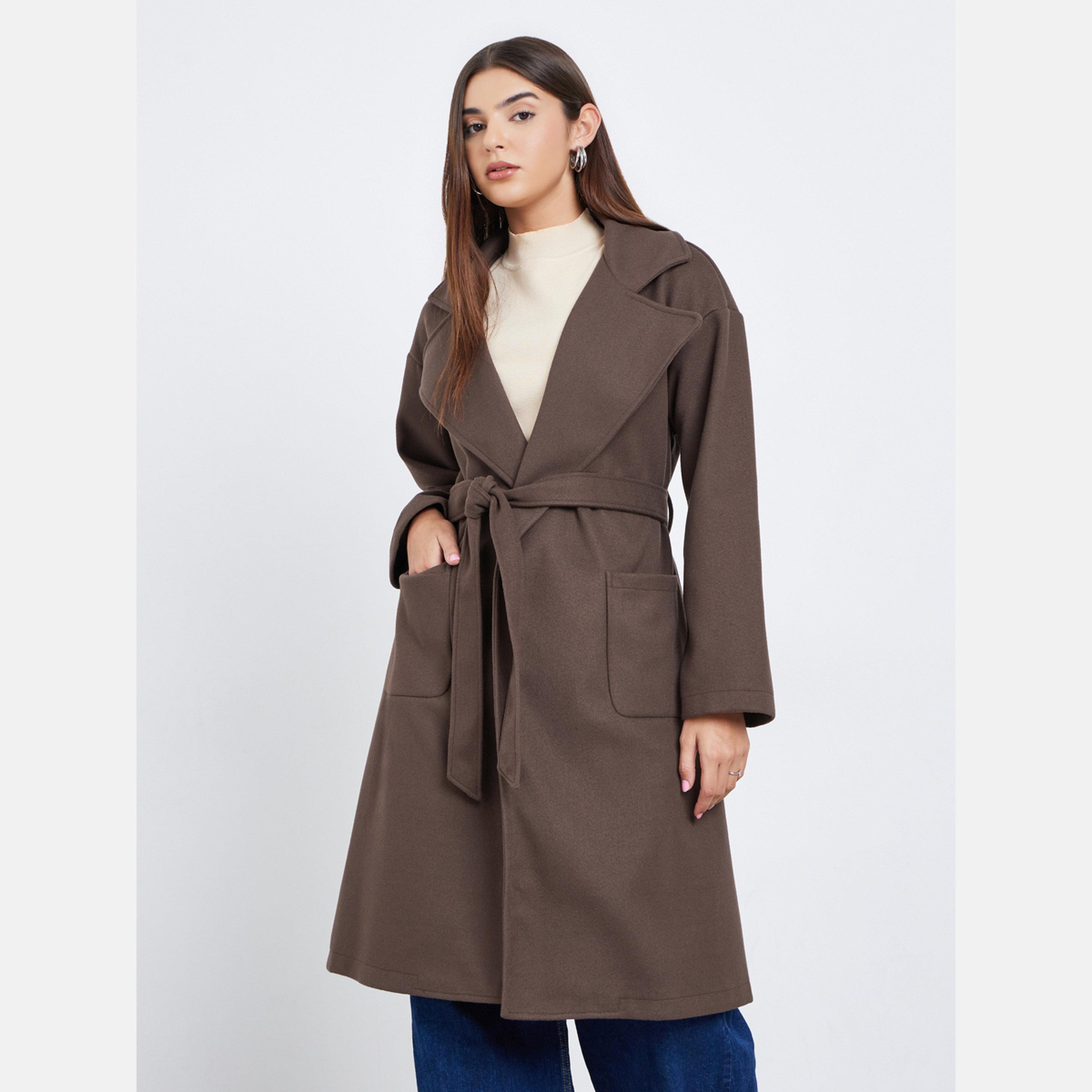Take Two Brown Solid Regular Fit Collared Long Sleeves Women's Wool Like Midi Coat-women-clothing-coatsandjackets-coats-image-1