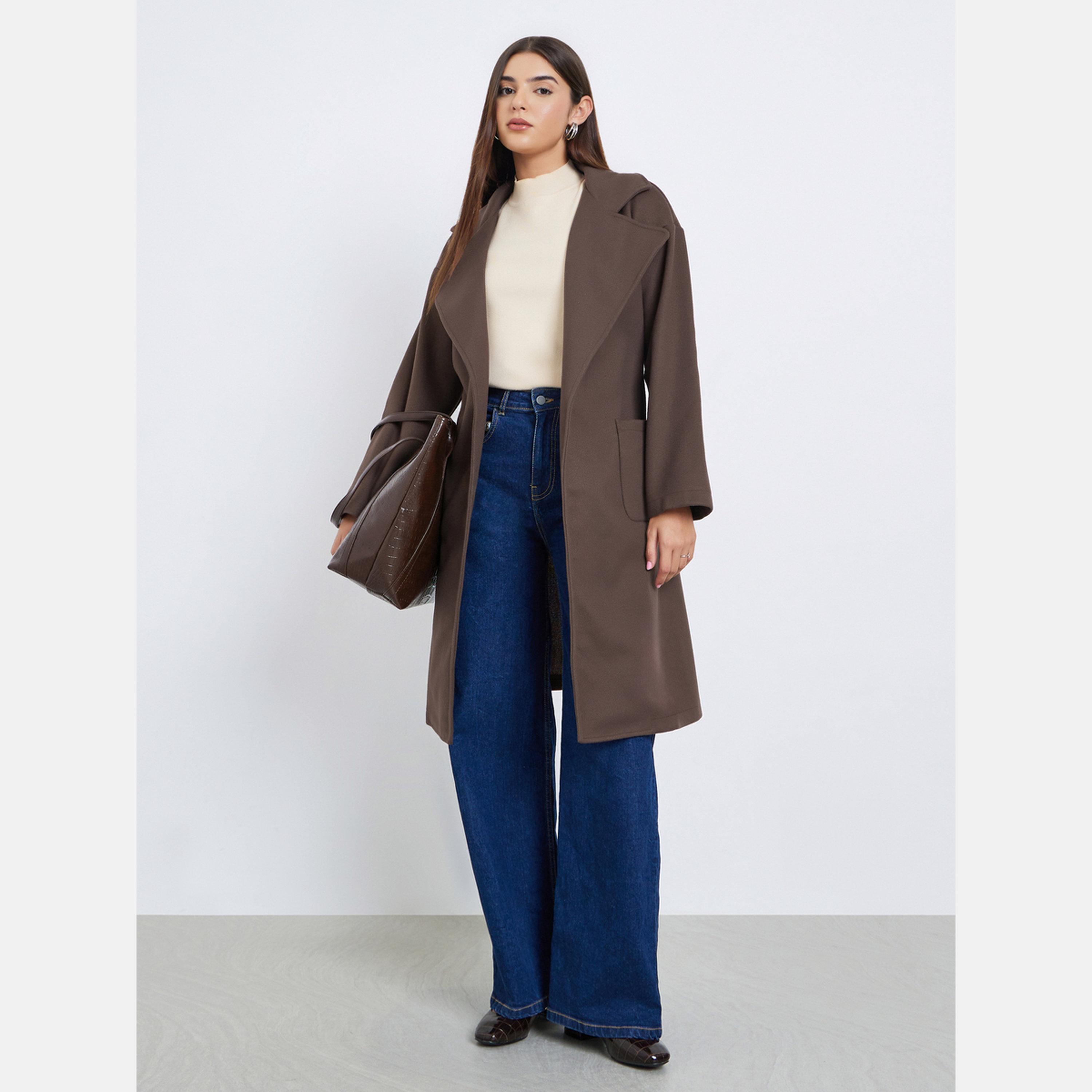 Take Two Brown Solid Regular Fit Collared Long Sleeves Women's Wool Like Midi Coat-women-clothing-coatsandjackets-coats-image-2