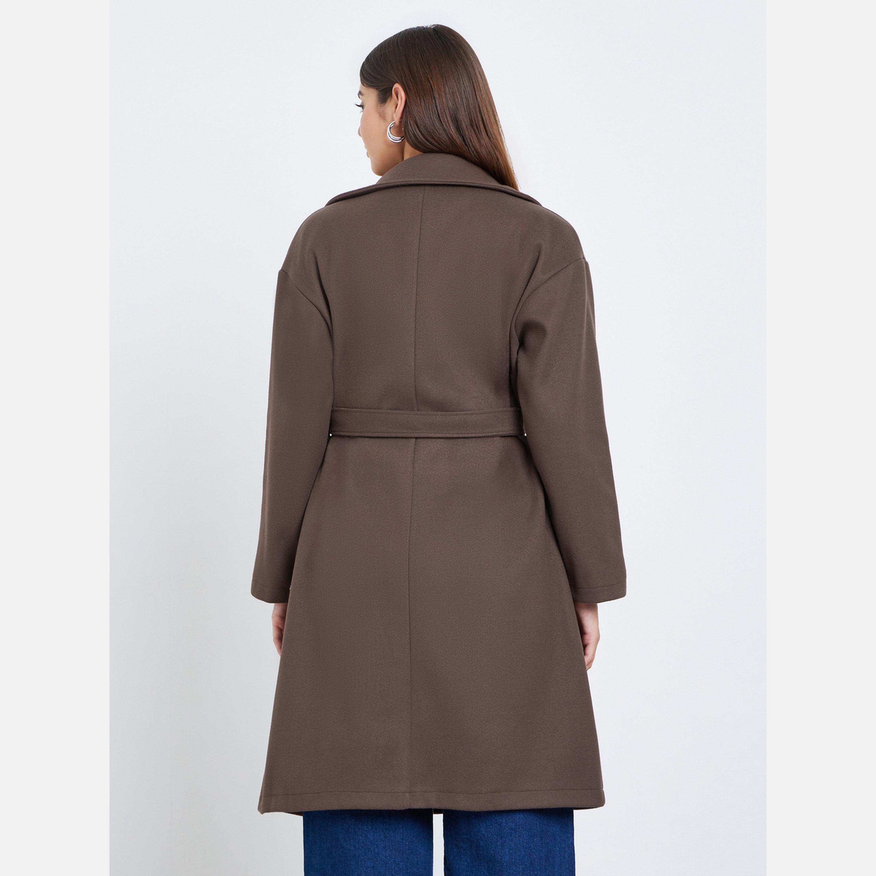 Take Two Brown Solid Regular Fit Collared Long Sleeves Women's Wool Like Midi Coat-women-clothing-coatsandjackets-coats-image-4