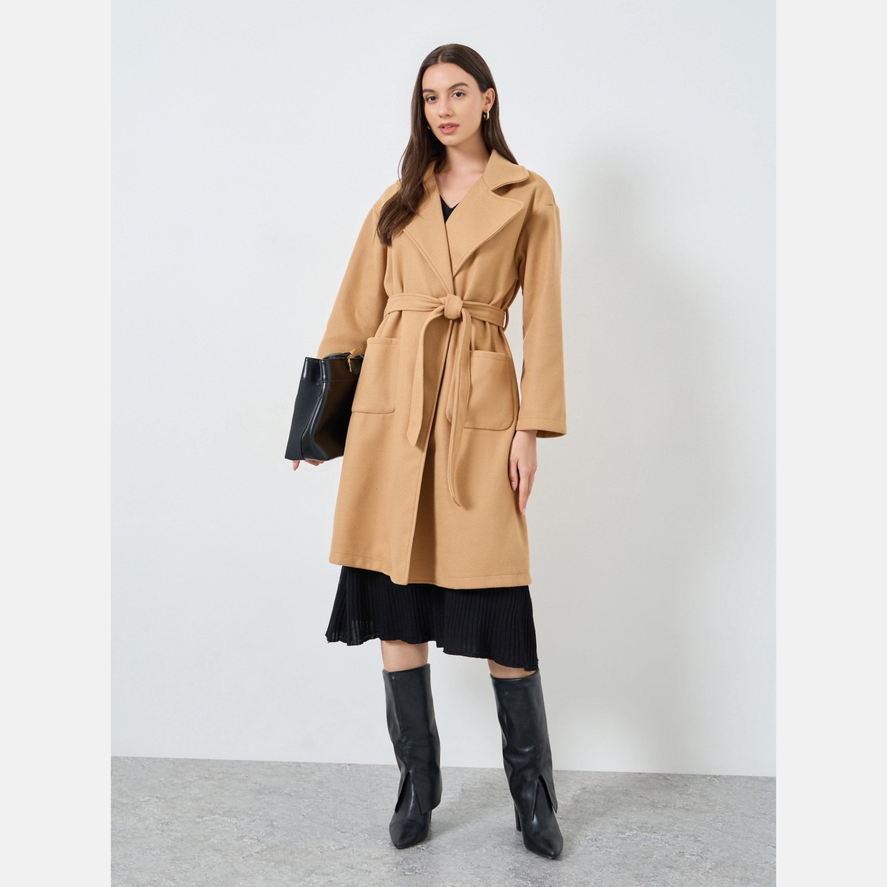 Take Two Mustard Solid Regular Fit Collared Long Sleeves Women's Wool Like Midi Coat-women-clothing-coatsandjackets-coats-image-2
