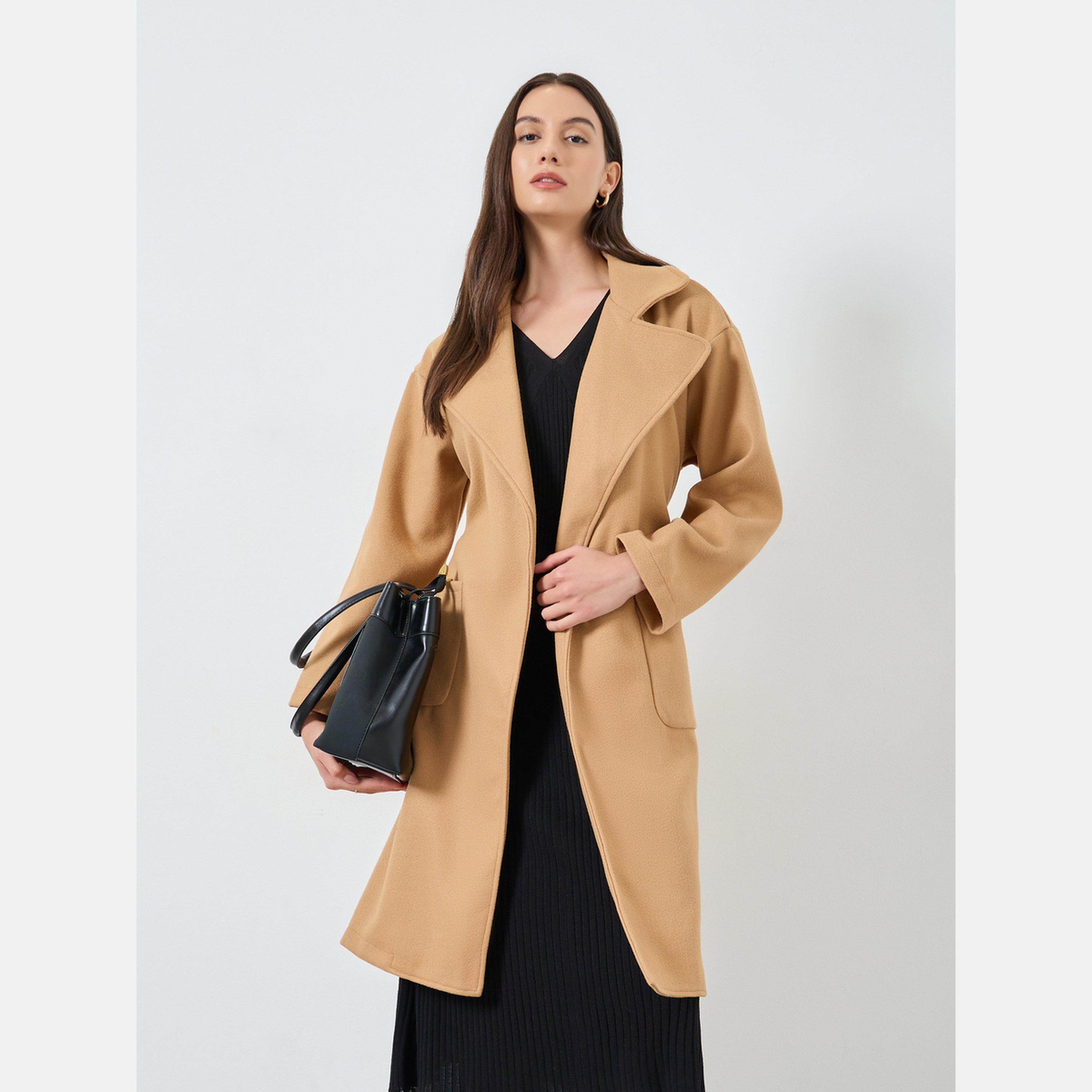 Take Two Mustard Solid Regular Fit Collared Long Sleeves Women's Wool Like Midi Coat-women-clothing-coatsandjackets-coats-image-3
