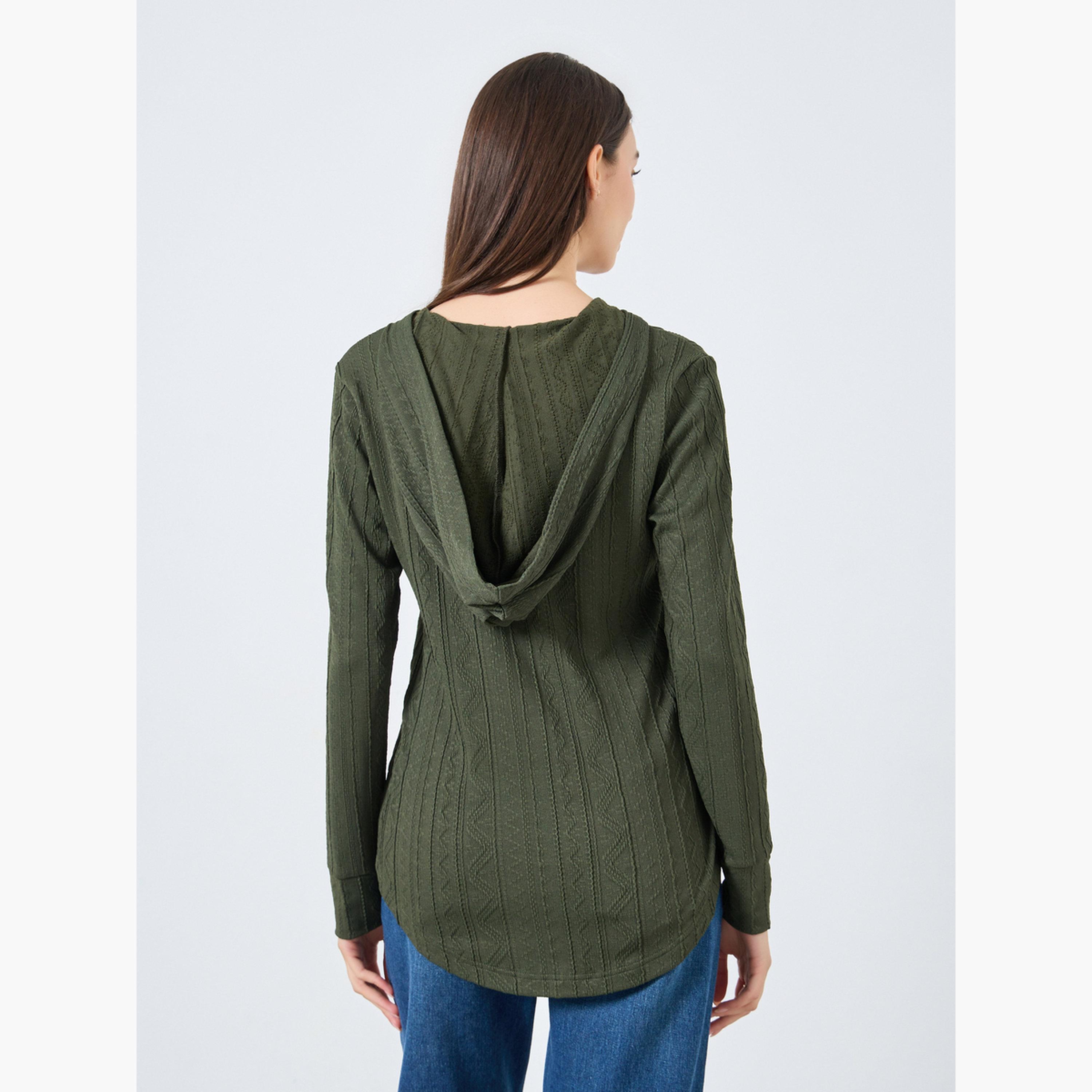 Take Two Dark Green Textured Hooded Top-women-winterwear-hoodiesandsweatshirts-hoodies-image-3