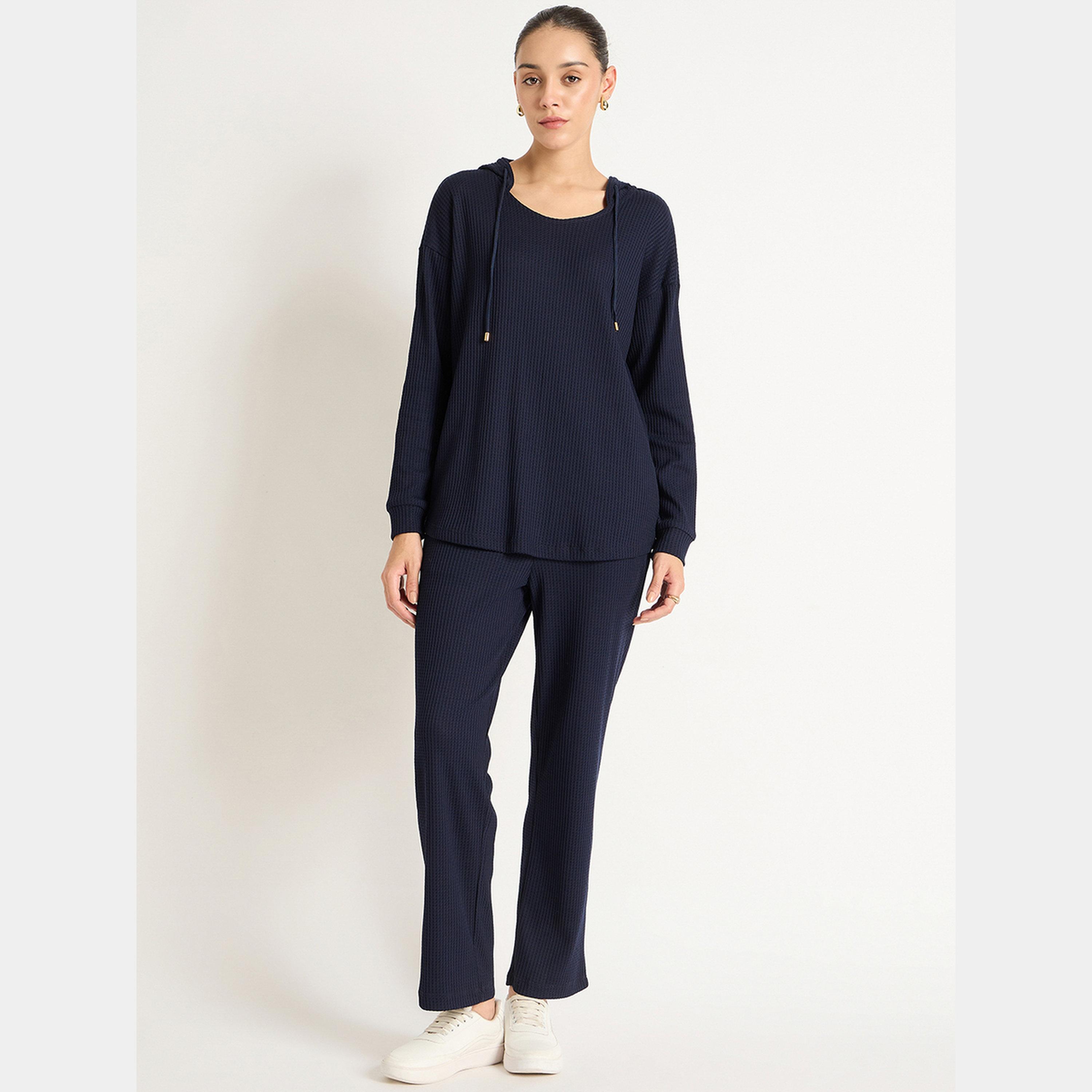 فيميلا - هودي وبنطال رياضي وافل لون أزرق كحلي-women-clothing-coordsets-image-1