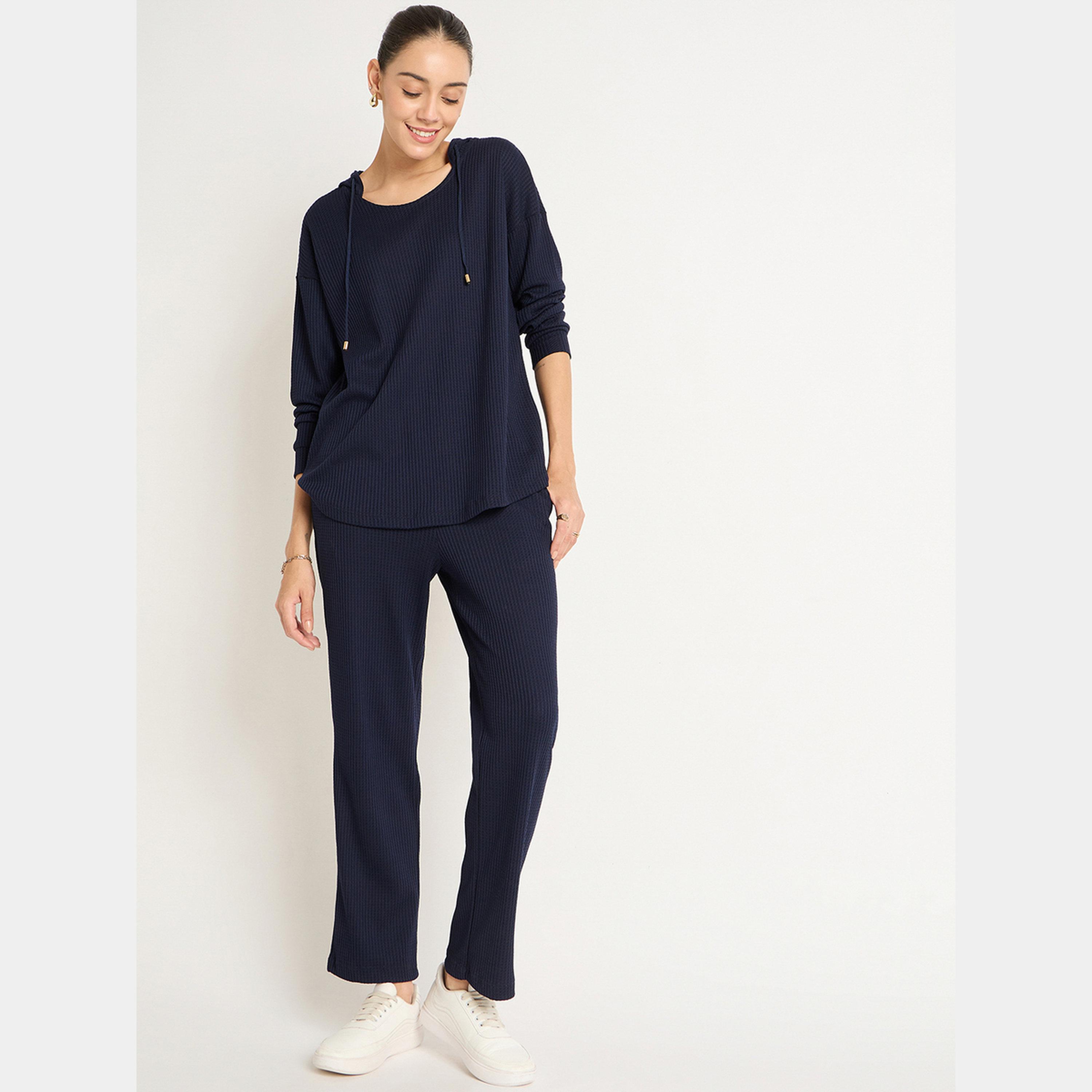 فيميلا - هودي وبنطال رياضي وافل لون أزرق كحلي-women-clothing-coordsets-image-2
