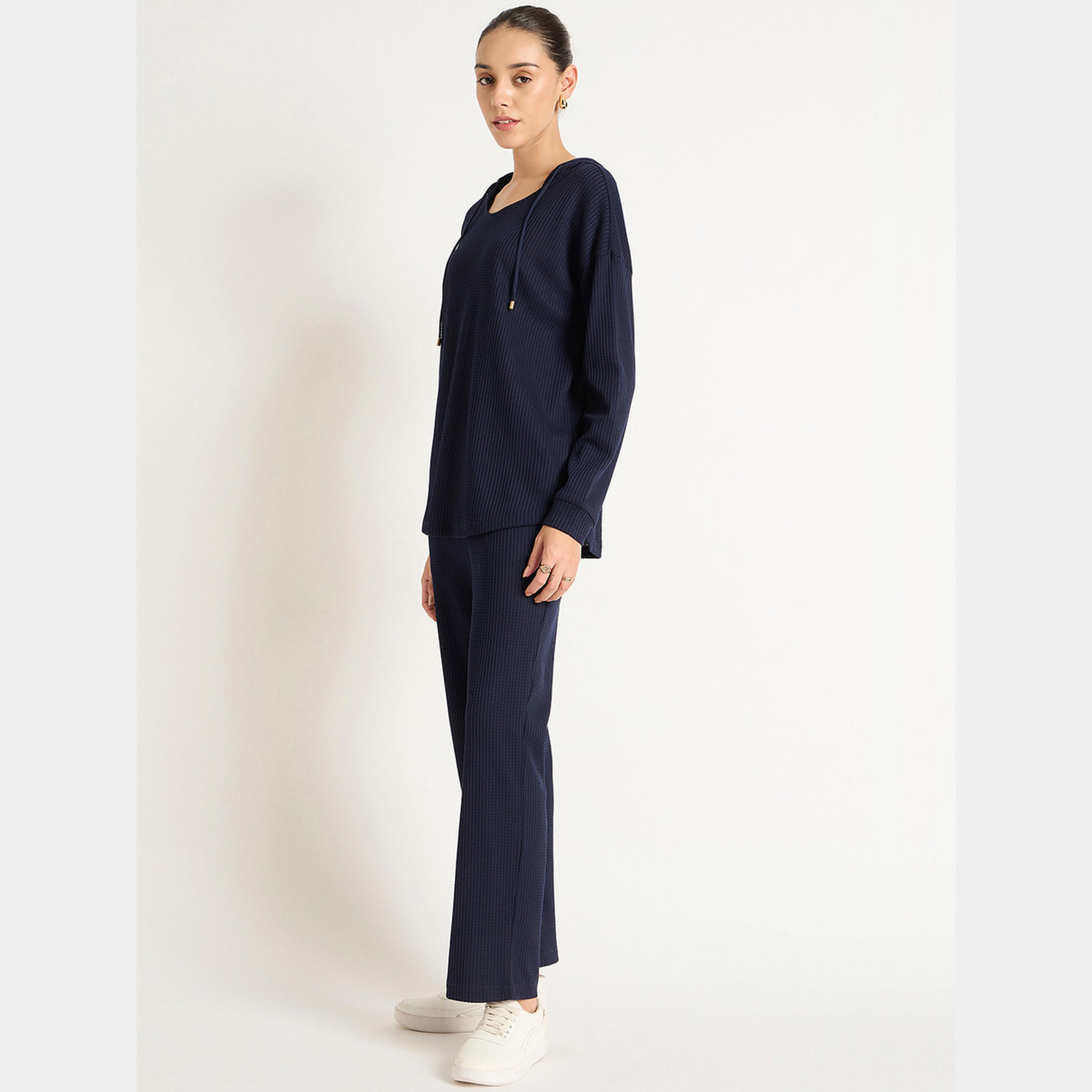 فيميلا - هودي وبنطال رياضي وافل لون أزرق كحلي-women-clothing-coordsets-image-3