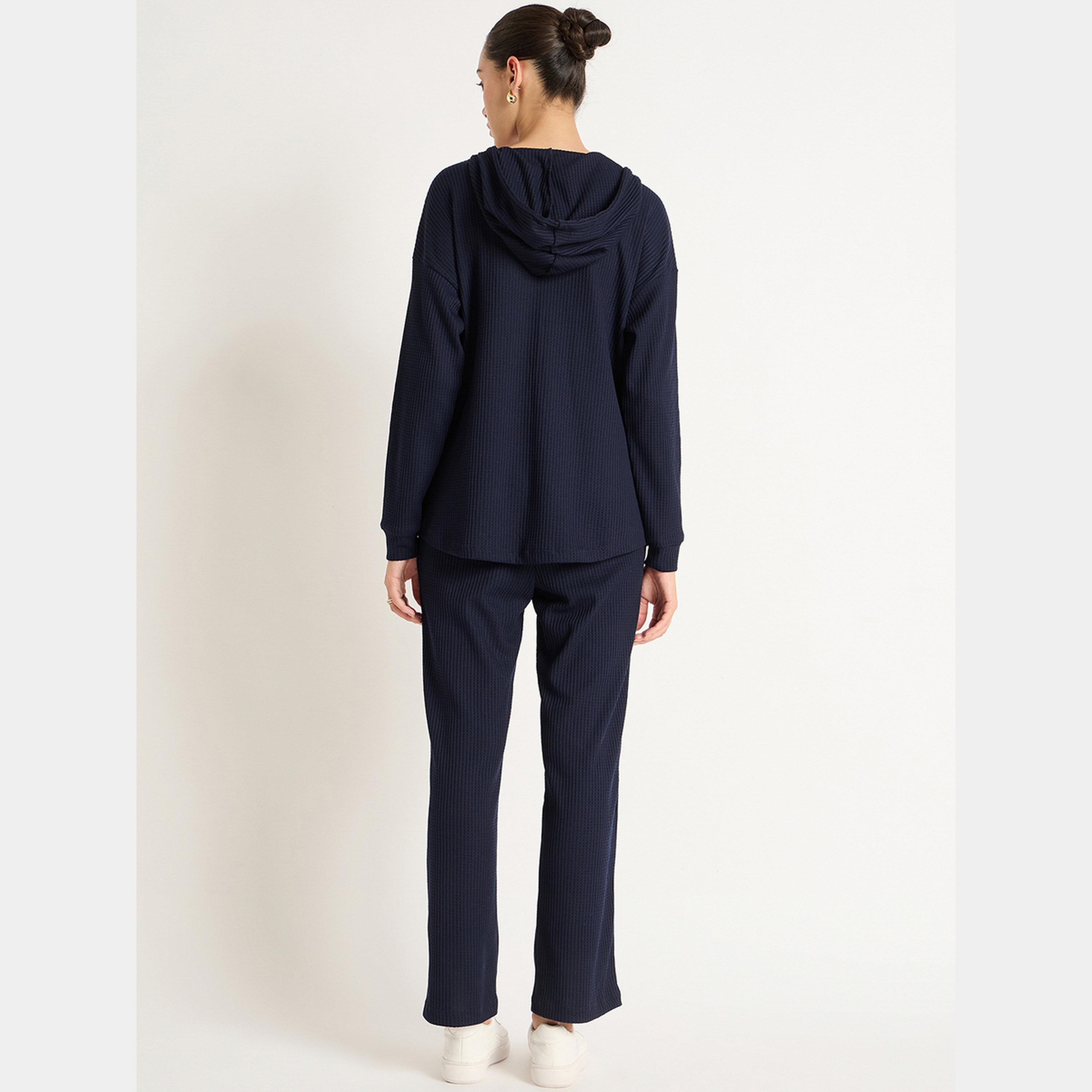 فيميلا - هودي وبنطال رياضي وافل لون أزرق كحلي-women-clothing-coordsets-image-4