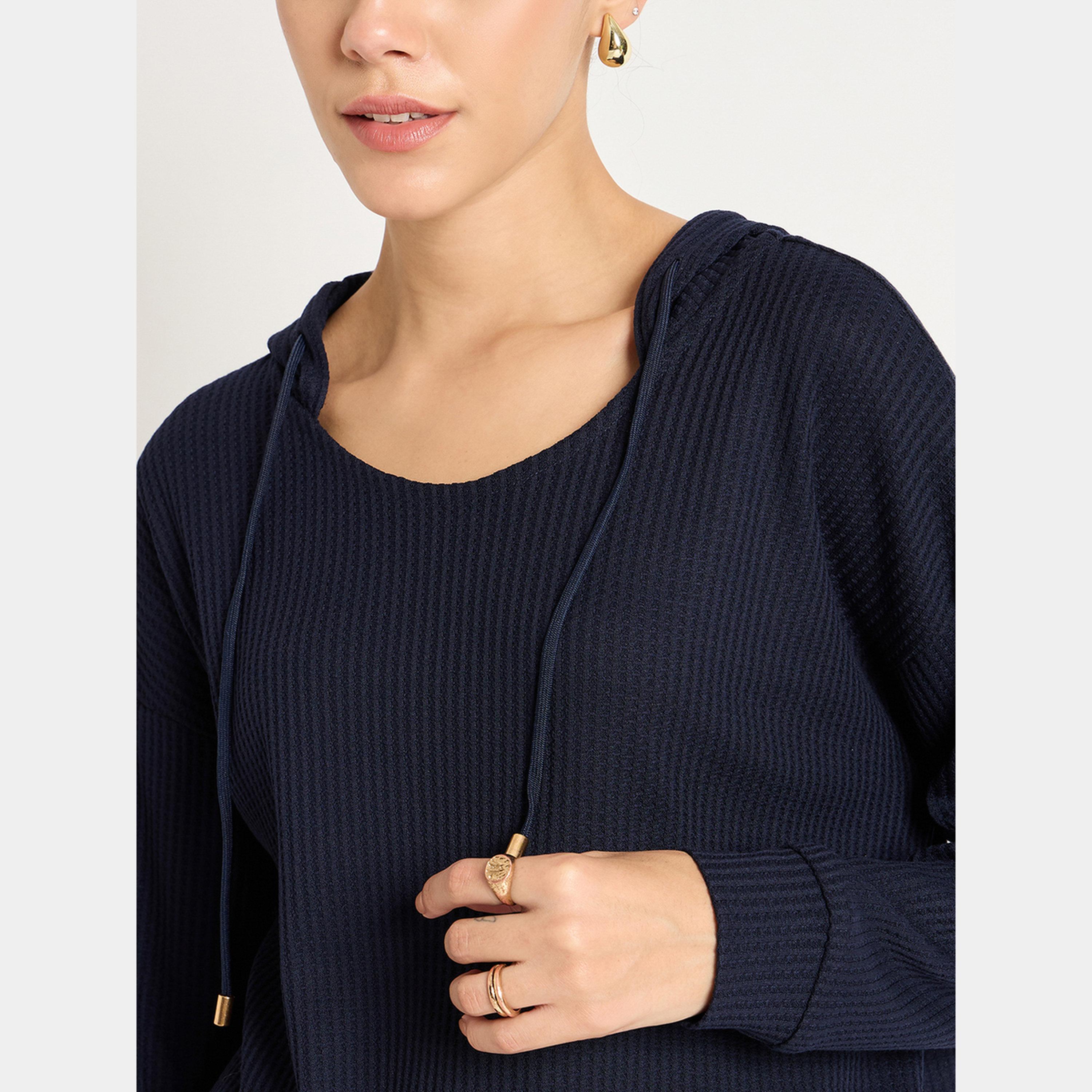 فيميلا - هودي وبنطال رياضي وافل لون أزرق كحلي-women-clothing-coordsets-image-5