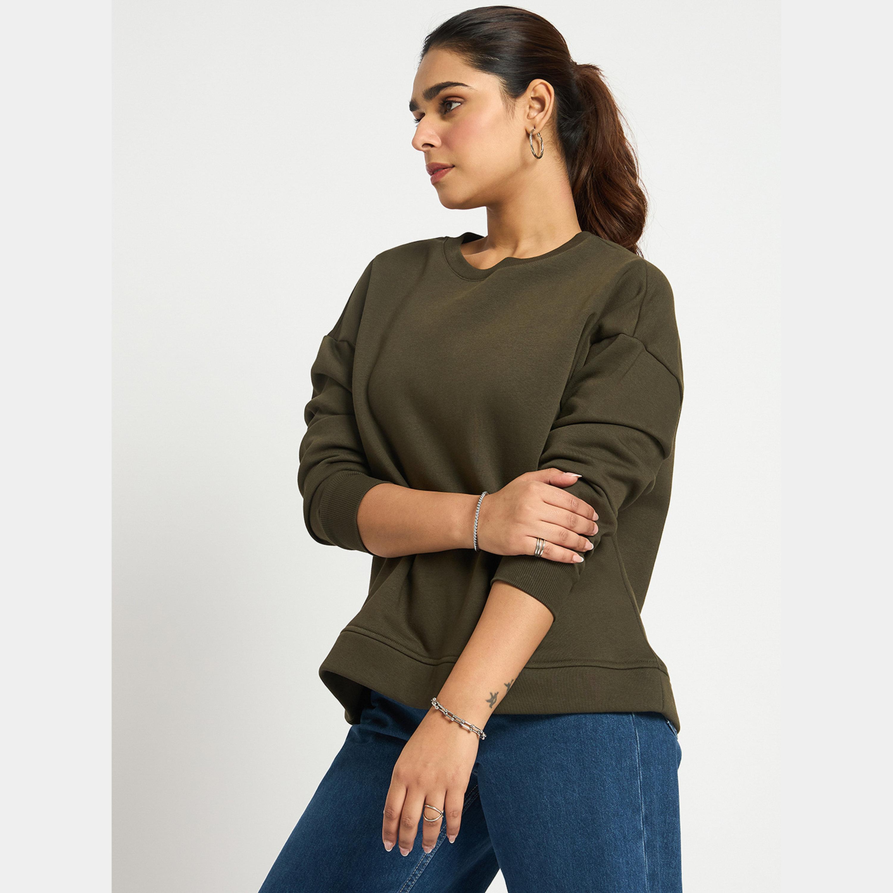 Femmella Olive Crew Neck Regular Fit Sweatshirt-women-winterwear-hoodiesandsweatshirts-sweatshirts-image-1