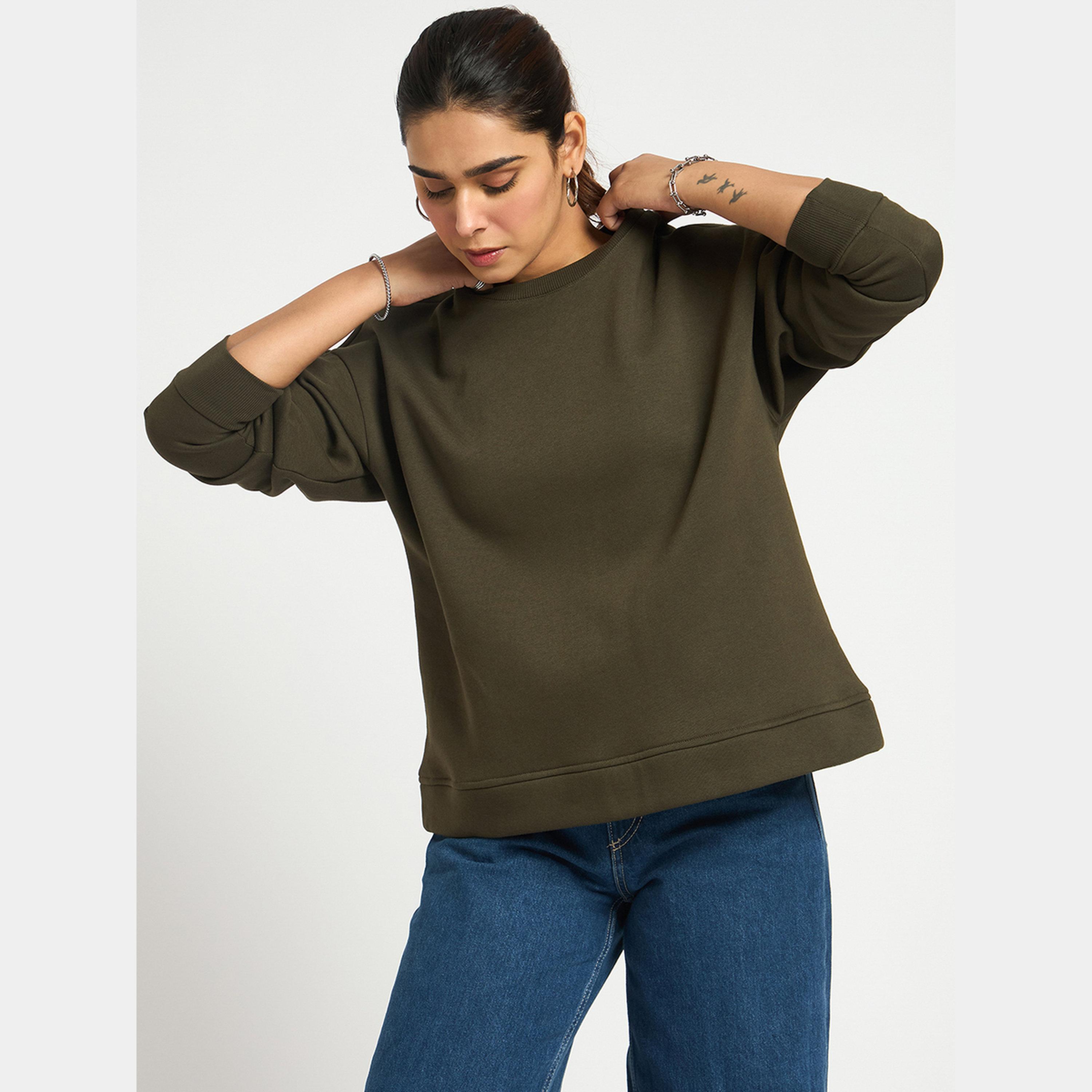 Femmella Olive Crew Neck Regular Fit Sweatshirt-women-winterwear-hoodiesandsweatshirts-sweatshirts-image-3