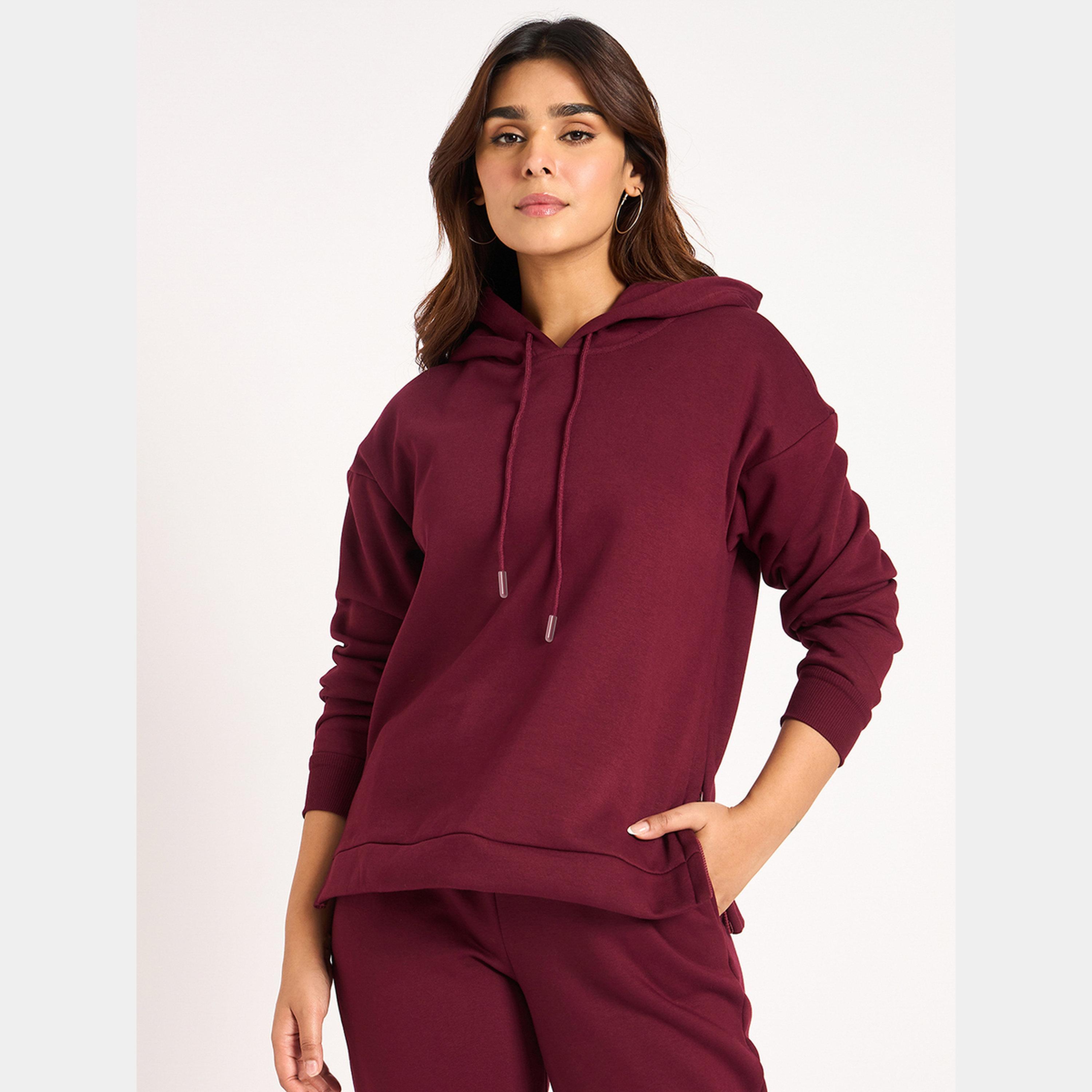 Femmella Burgundy Side Zip Detail Fleece Hoodie-women-clothing-hoodiesandsweatshirts-hoodies-image-1