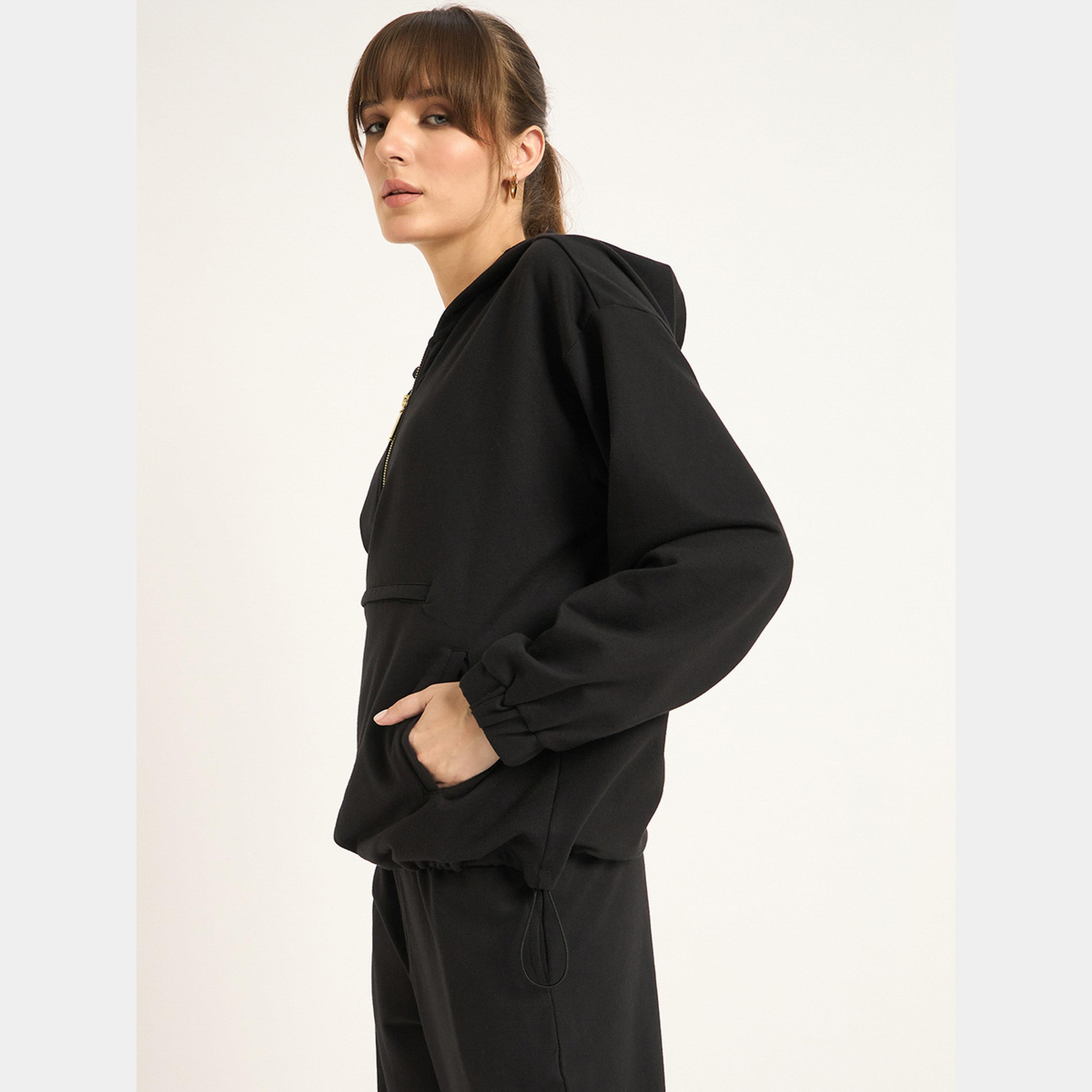 Femmella Black Half Zip Up Terry Hoodie-women-clothing-hoodiesandsweatshirts-hoodies-image-2