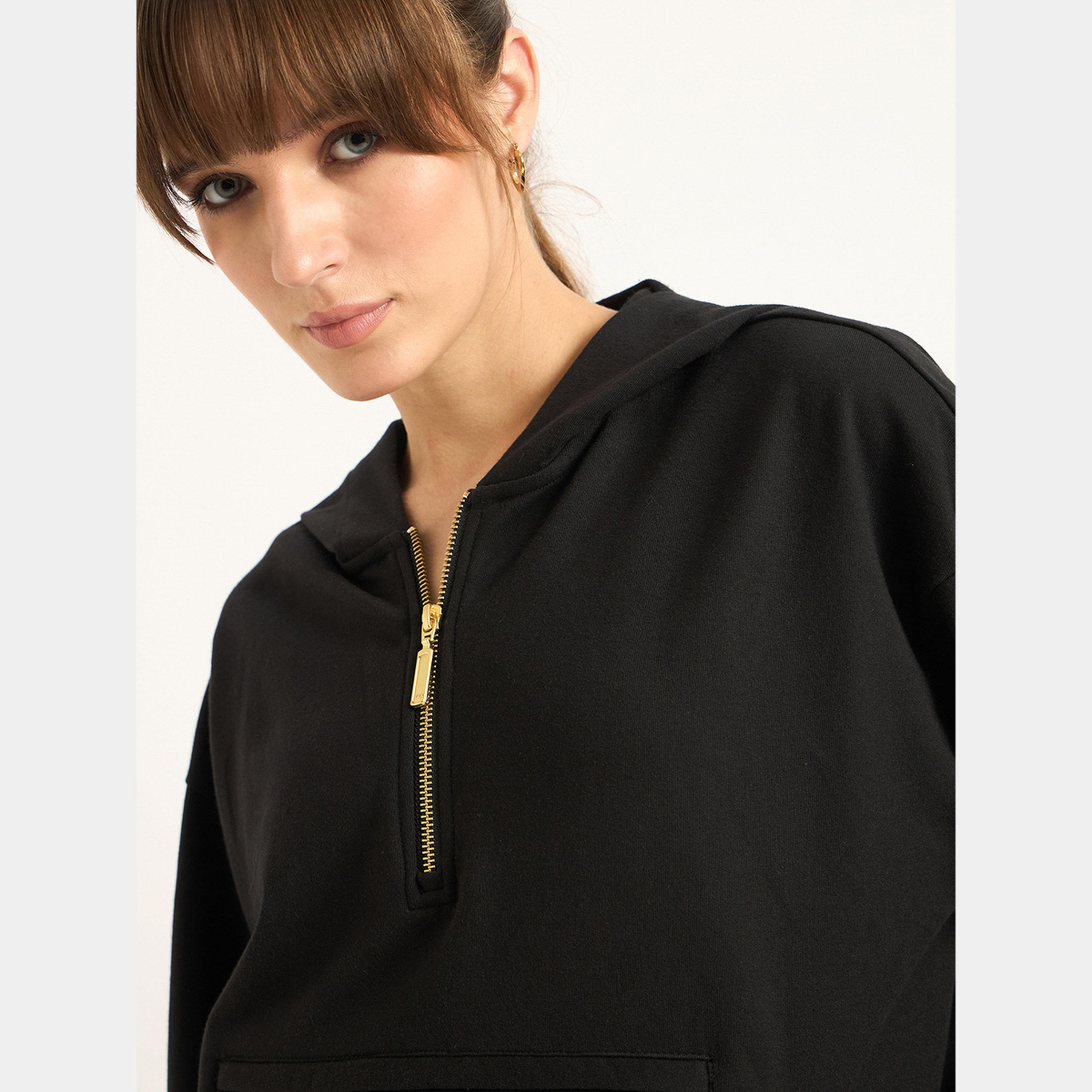 Femmella Black Half Zip Up Terry Hoodie-women-clothing-hoodiesandsweatshirts-hoodies-image-4