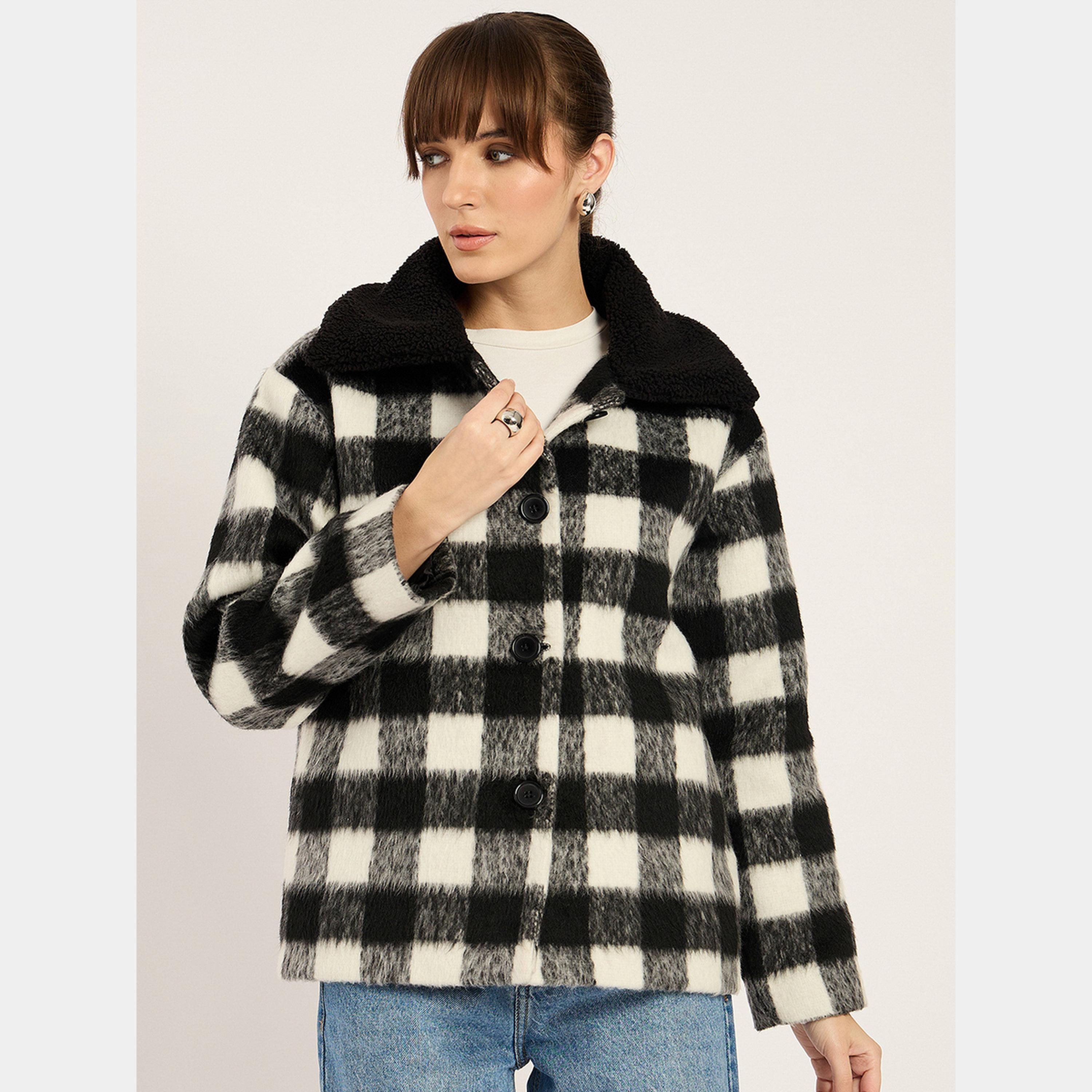 فيميلا - جاكيت نسائي بأزرار وياقة وأكمام طويلة ومربعات-women-winterwear-coatsandjackets-jackets-image-1