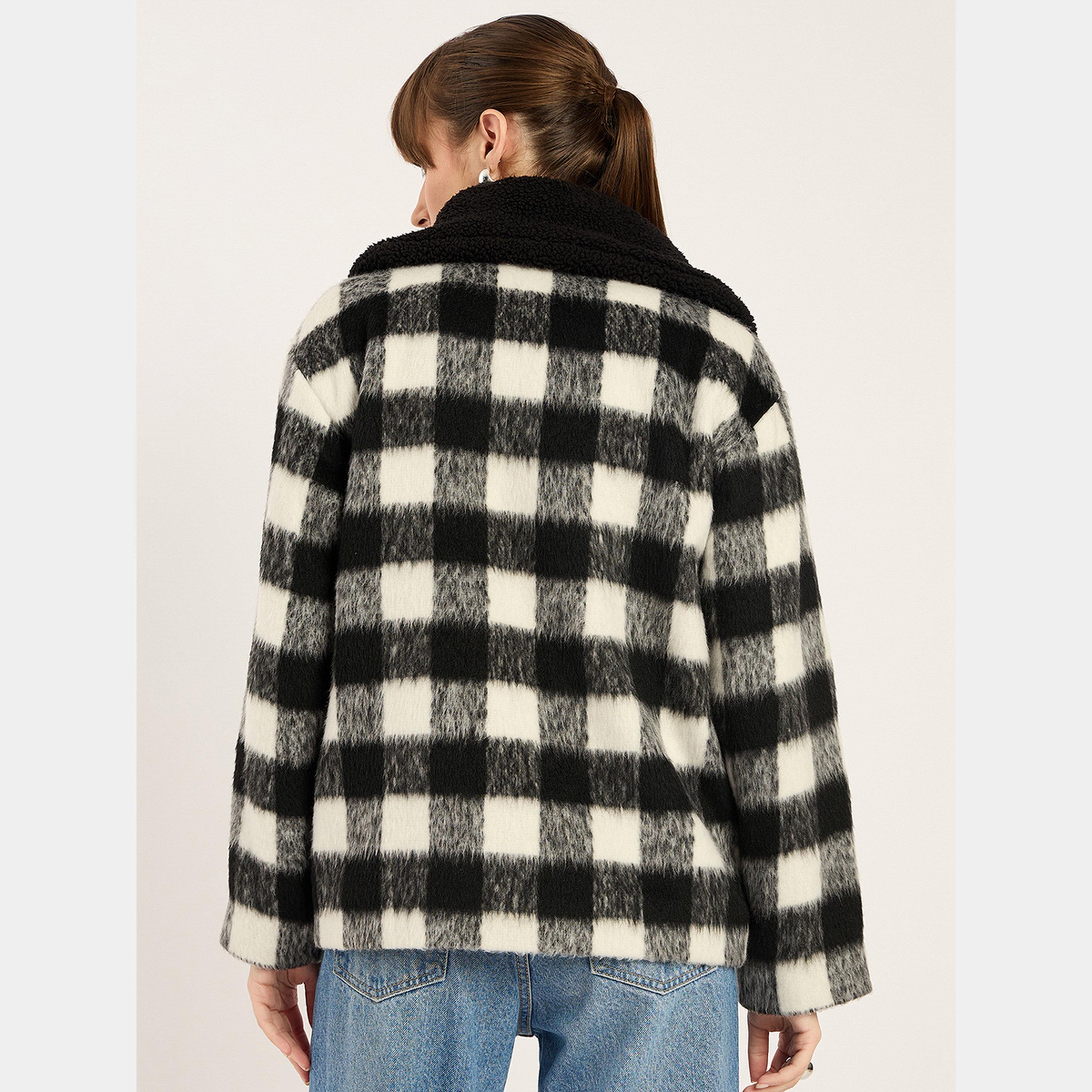 Femmella Checkered Faux Fur Collar Jacket-women-winterwear-coatsandjackets-jackets-image-4