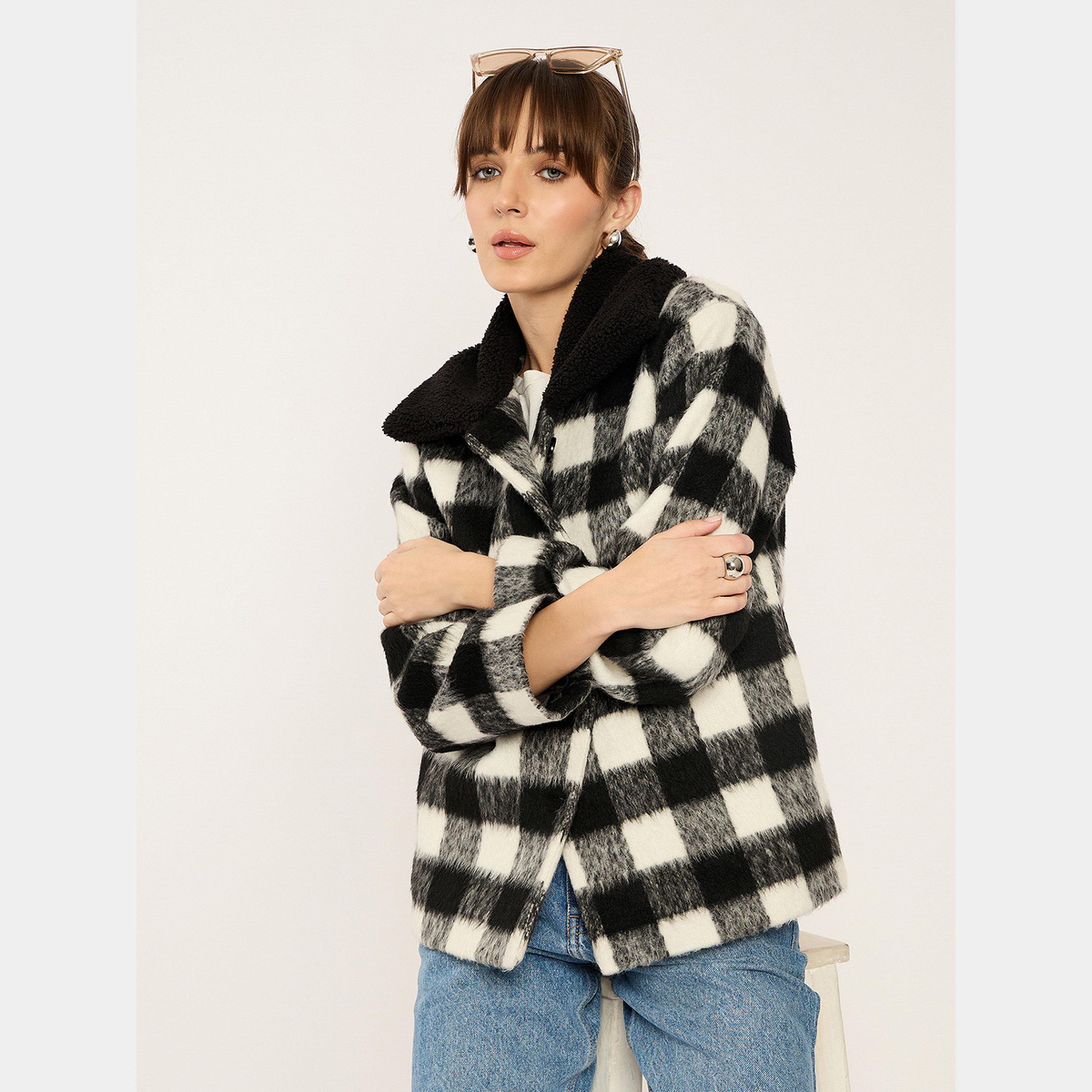 Femmella Checkered Faux Fur Collar Jacket-women-winterwear-coatsandjackets-jackets-image-5