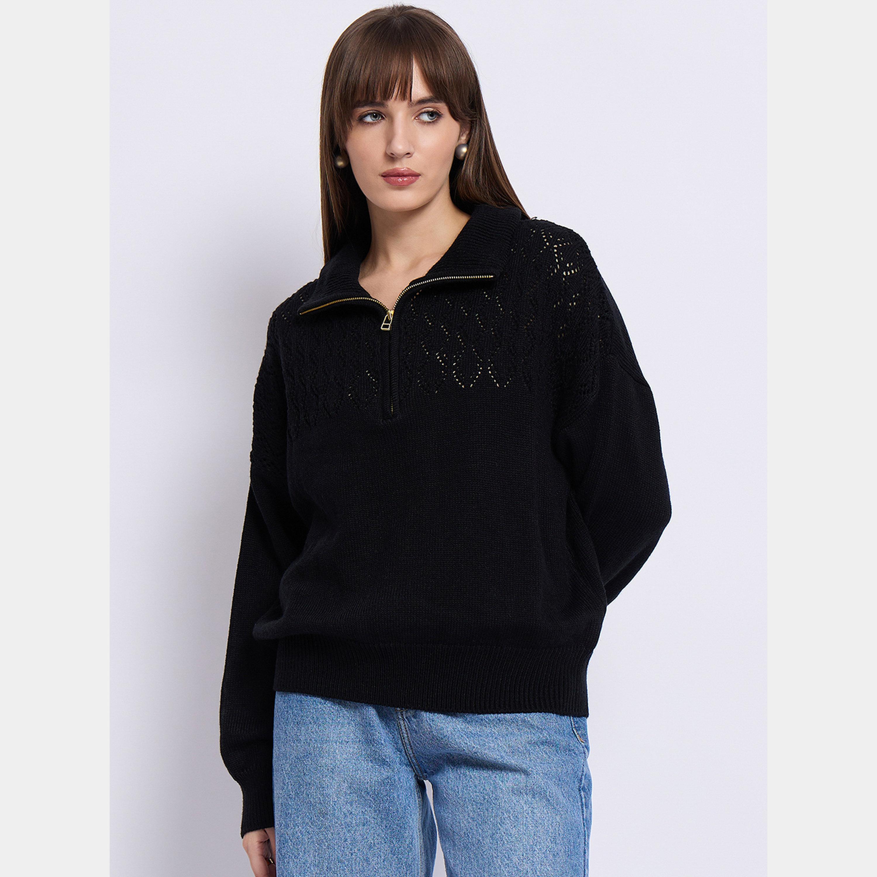 فيميلا - سترة نسائية سوداء برقبة عالية وأكمام طويلة وسحاب نصفي-women-winterwear-cardigansandjumpers-jumpers-image-1