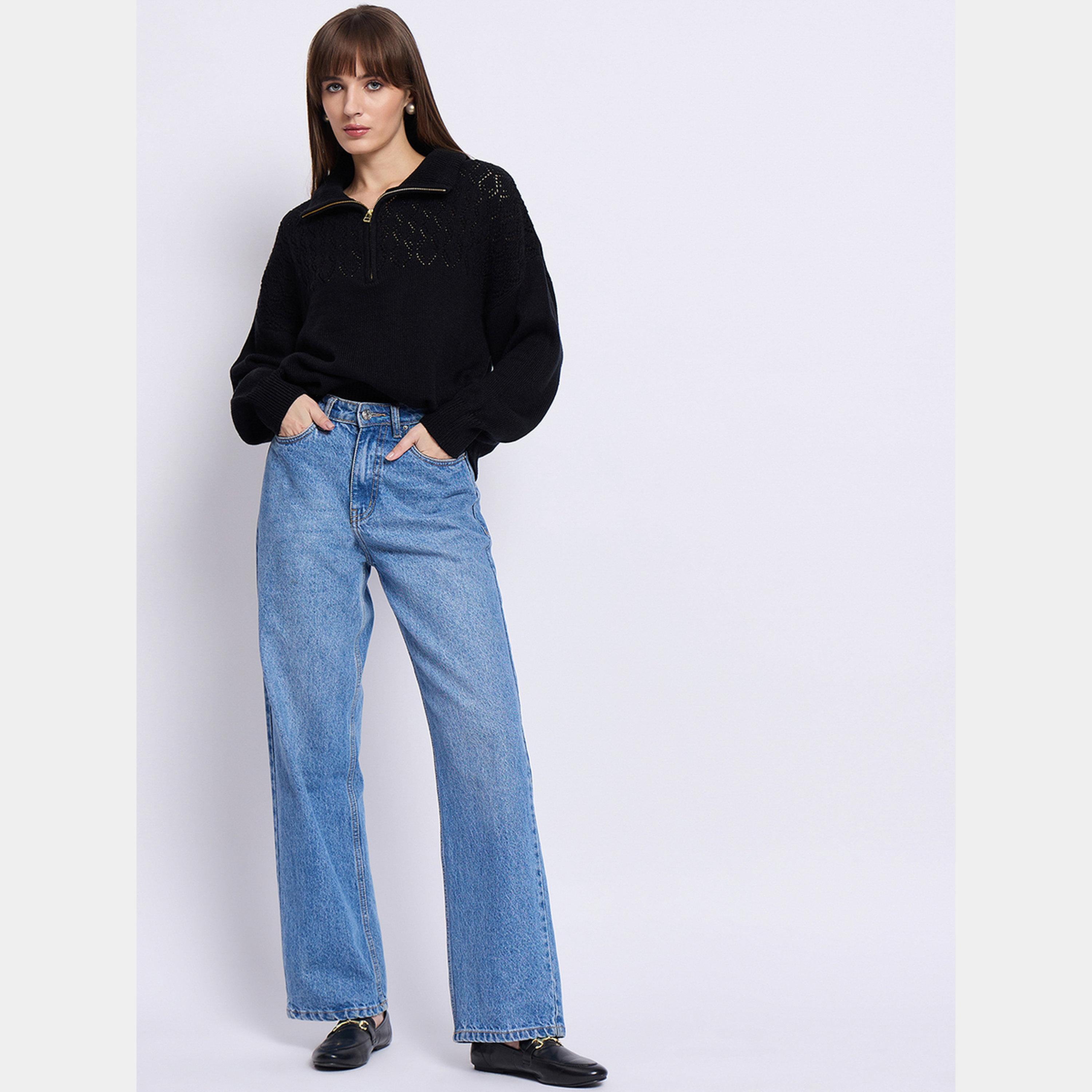 فيميلا - سترة نسائية سوداء برقبة عالية وأكمام طويلة وسحاب نصفي-women-winterwear-cardigansandjumpers-jumpers-image-2