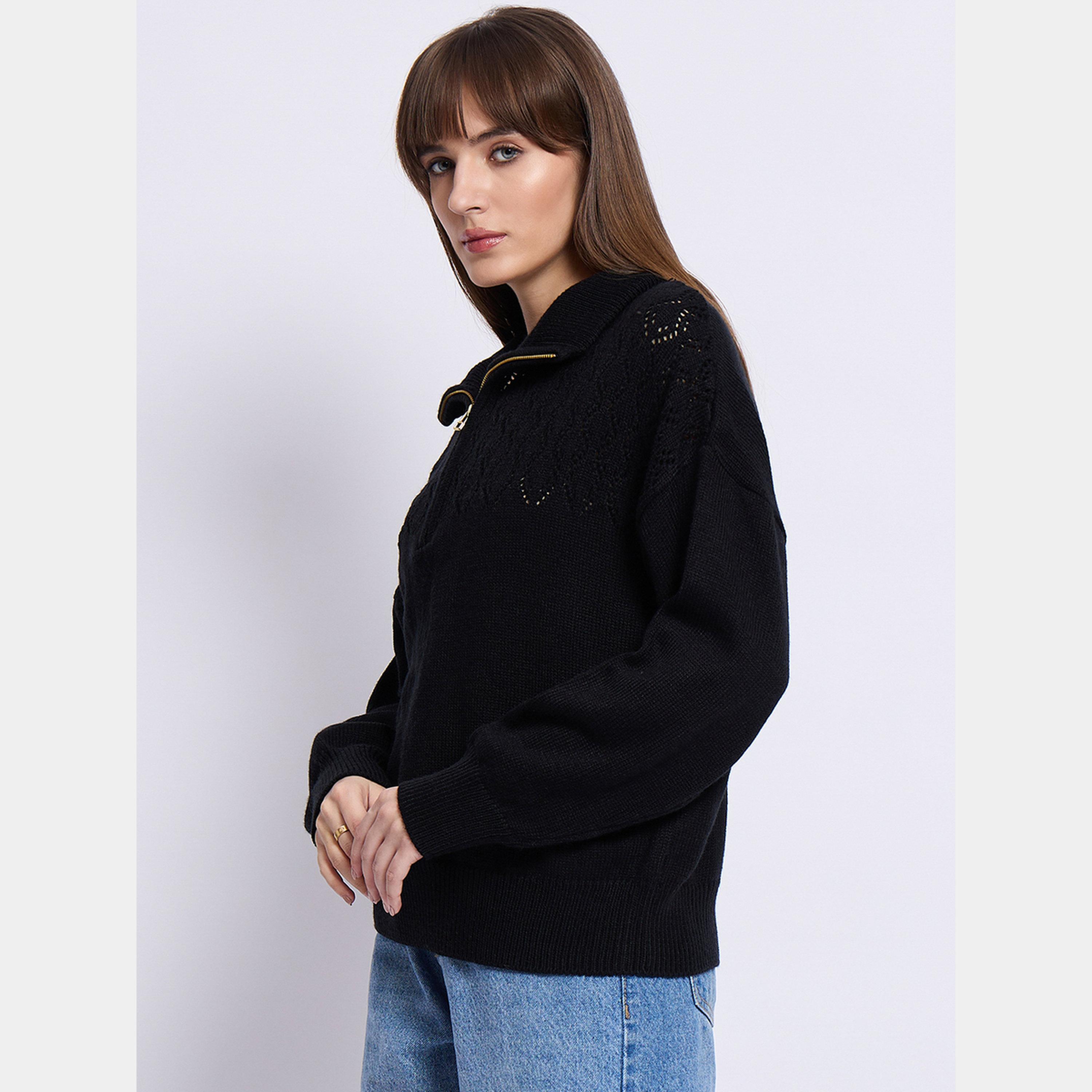 فيميلا - سترة نسائية سوداء برقبة عالية وأكمام طويلة وسحاب نصفي-women-winterwear-cardigansandjumpers-jumpers-image-4