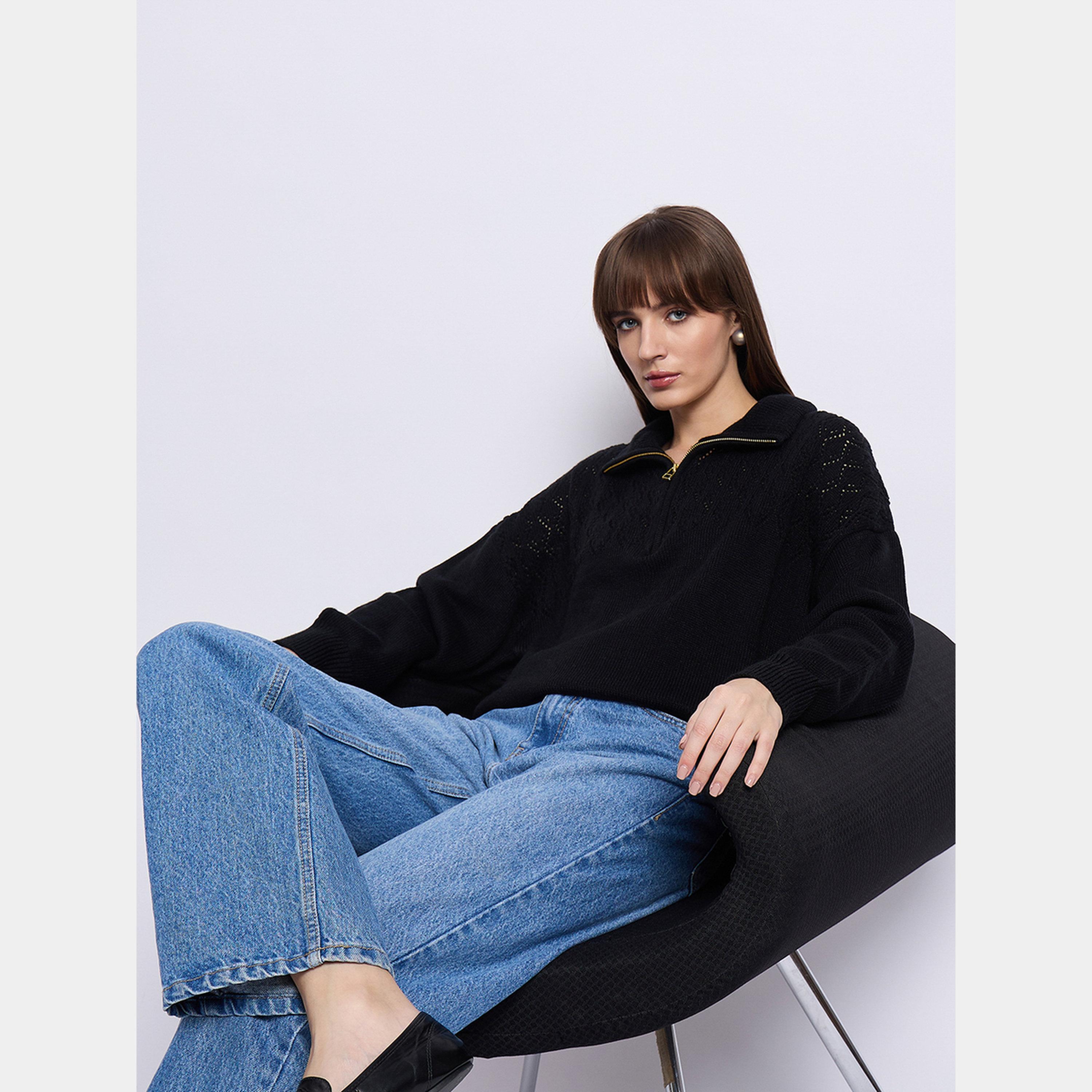 فيميلا - سترة نسائية سوداء برقبة عالية وأكمام طويلة وسحاب نصفي-women-winterwear-cardigansandjumpers-jumpers-image-5
