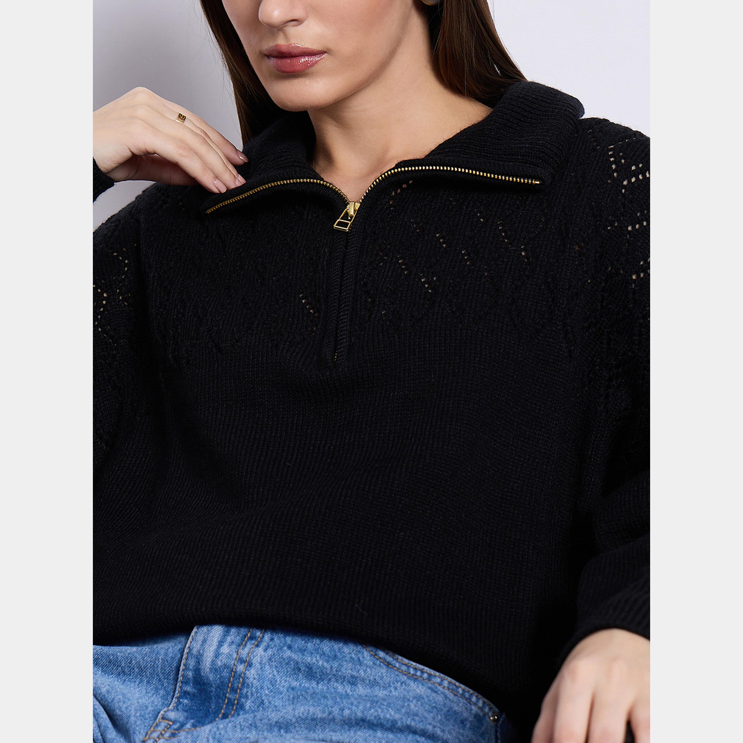 فيميلا - سترة نسائية سوداء برقبة عالية وأكمام طويلة وسحاب نصفي-women-winterwear-cardigansandjumpers-jumpers-image-6