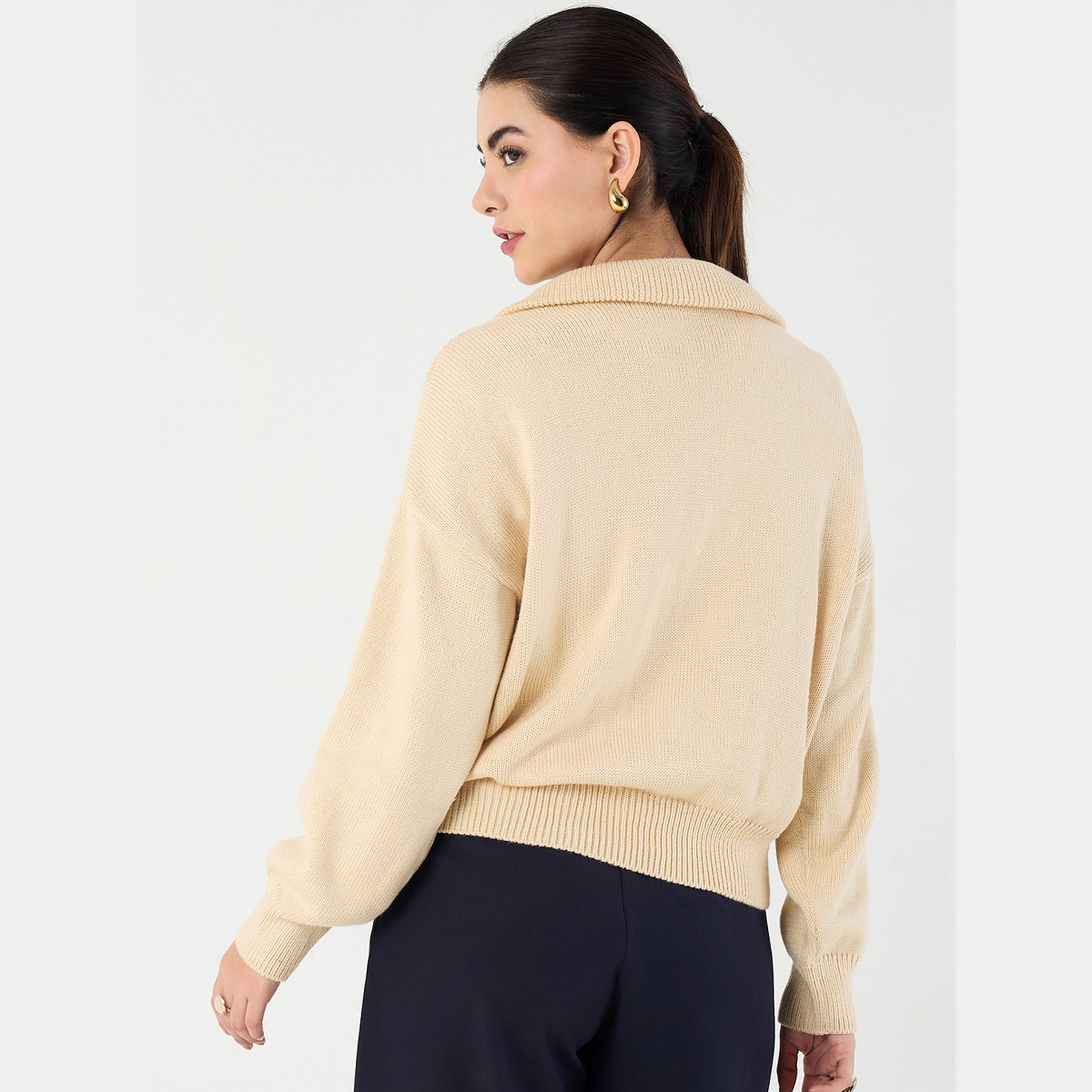 فيميلا - سترة نسائية نصف سحاب بأكمام طويلة وياقة لون بيج-women-clothing-cardigansandjumpers-jumpers-image-3