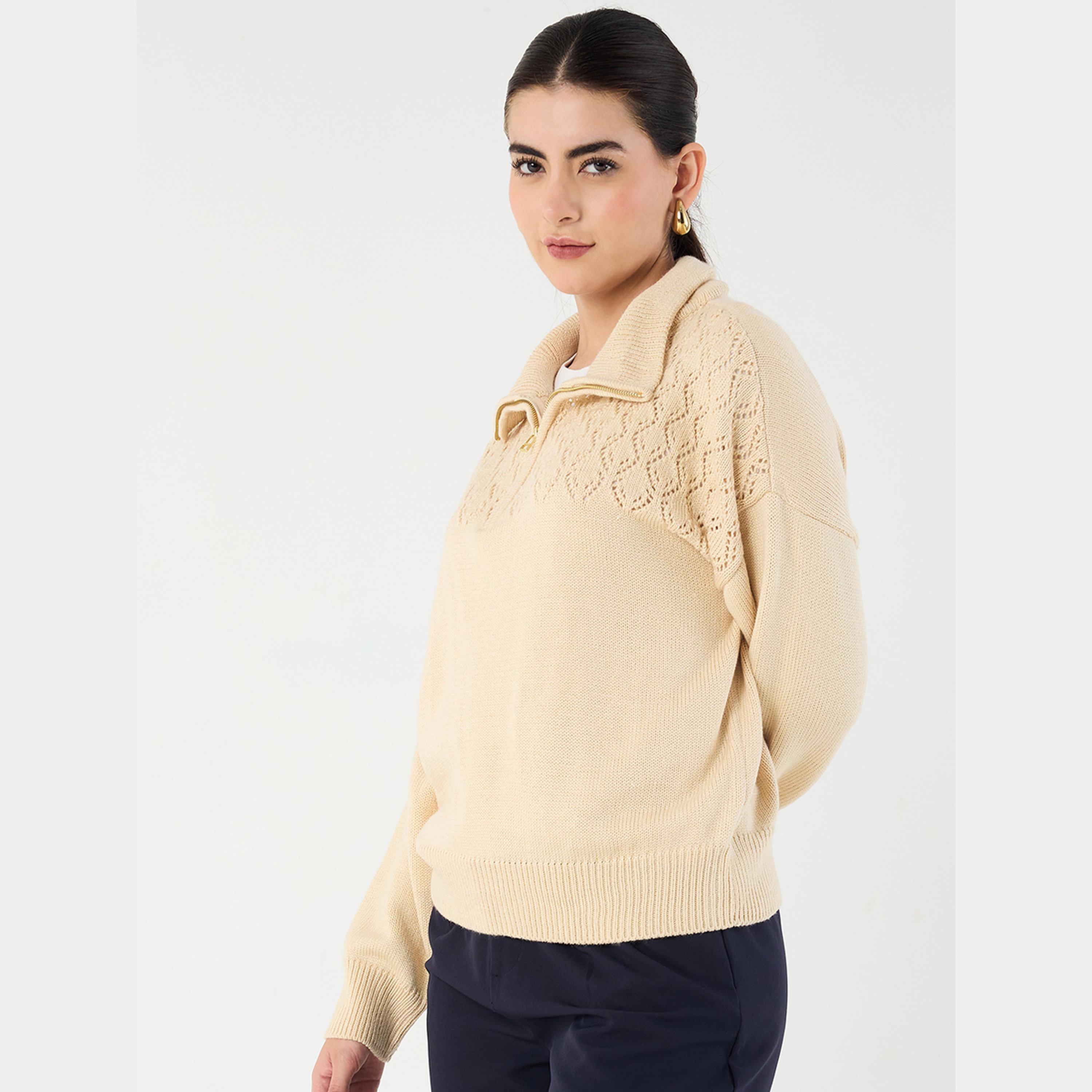 فيميلا - سترة نسائية نصف سحاب بأكمام طويلة وياقة لون بيج-women-clothing-cardigansandjumpers-jumpers-image-5