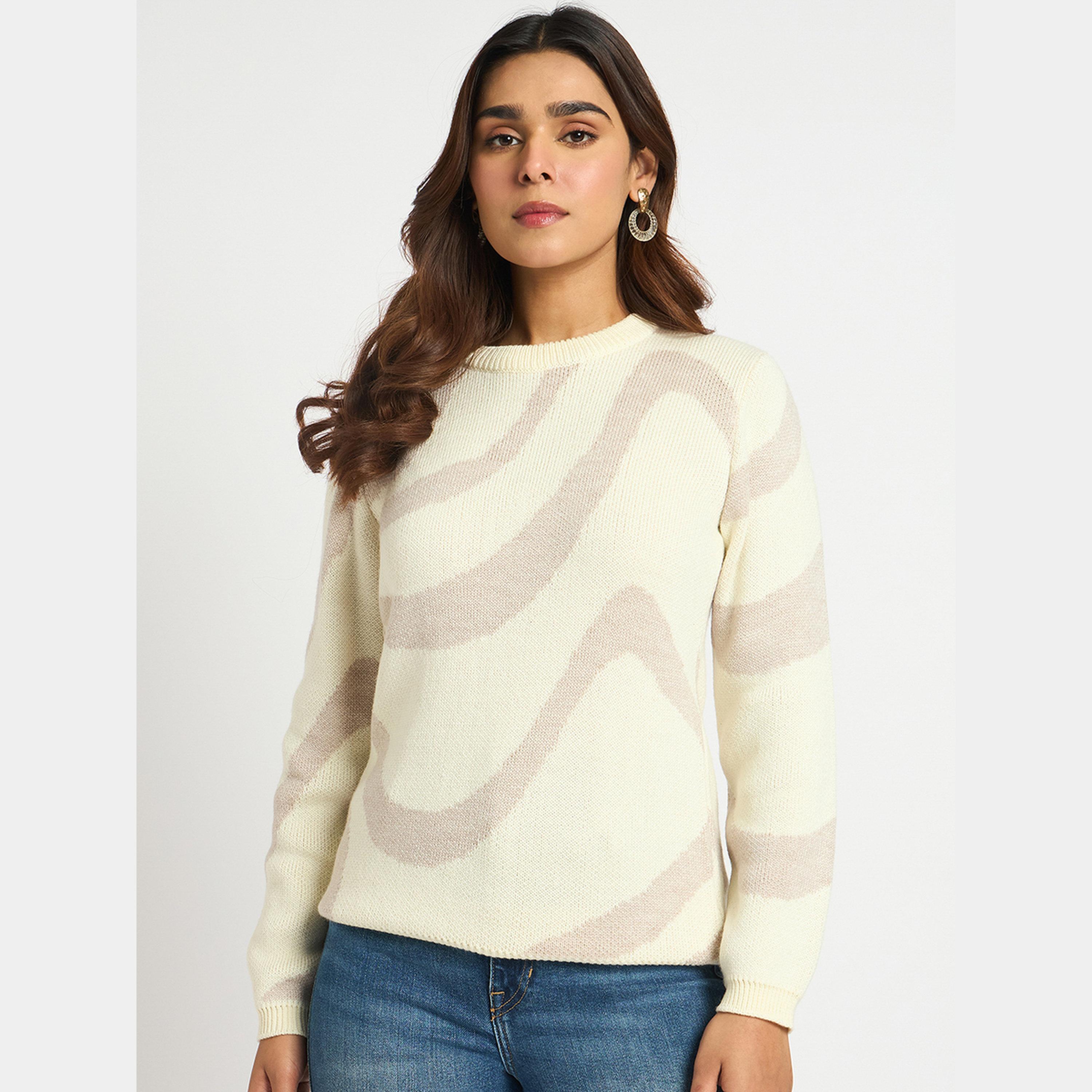 فيميلا - سترة نسائية بأكمام طويلة ورقبة دائرية وطبعة تجريدية لون بيج مخلوط-women-winterwear-cardigansandjumpers-jumpers-image-1