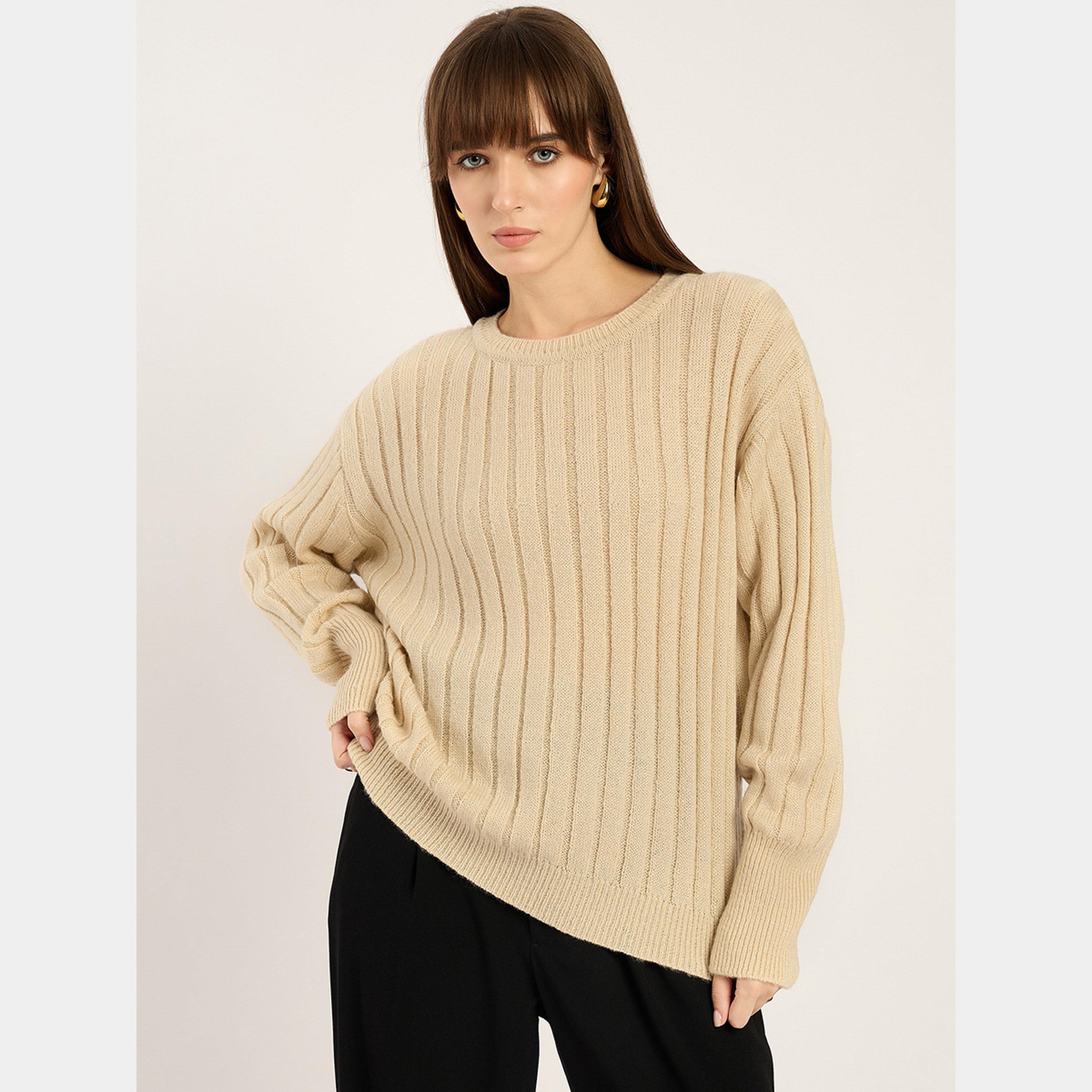 فيميلا - سترة نسائية محبوكة مضلعة باللون البيج، بأكمام طويلة ورقبة دائرية-women-winterwear-cardigansandjumpers-jumpers-image-1