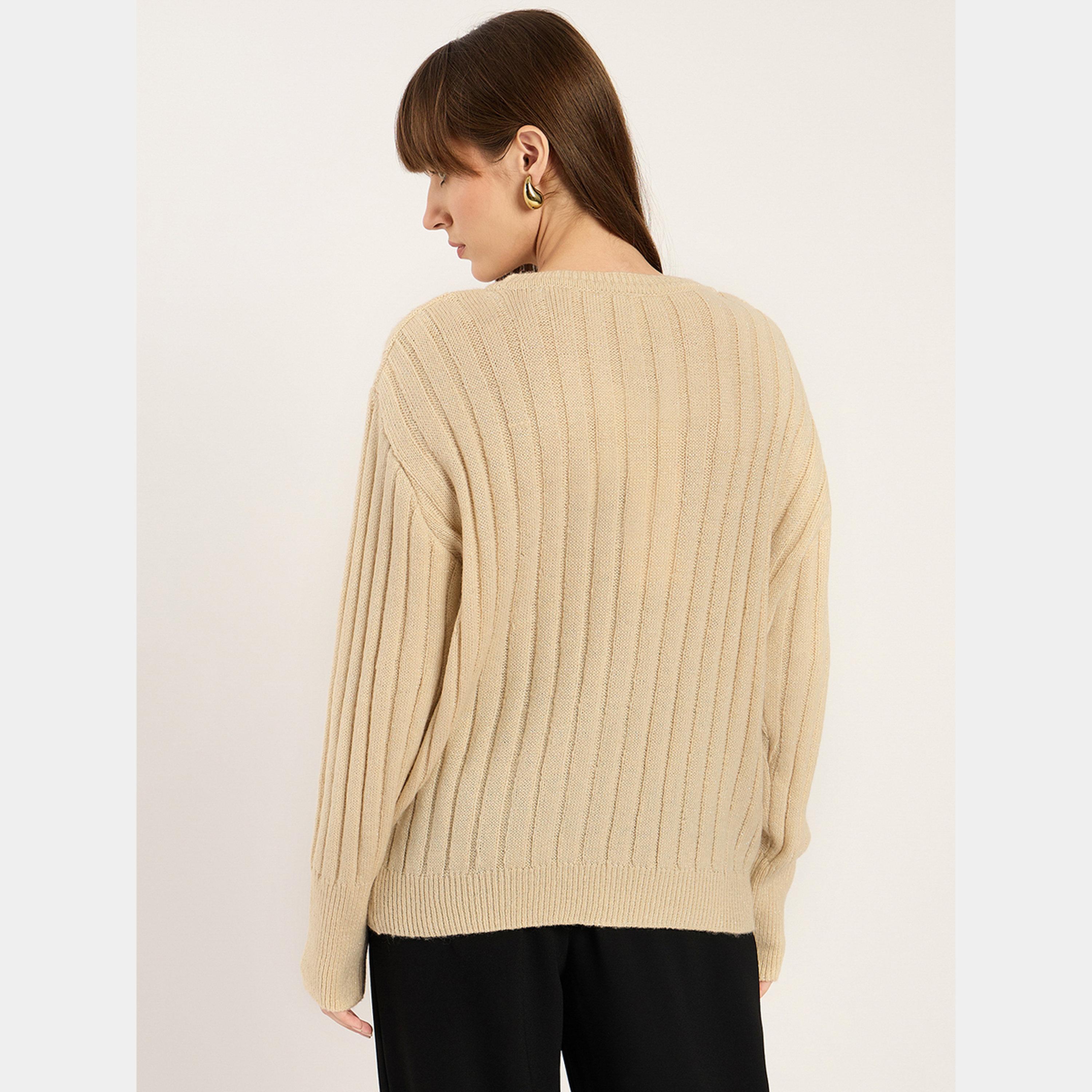 فيميلا - سترة نسائية محبوكة مضلعة باللون البيج، بأكمام طويلة ورقبة دائرية-women-winterwear-cardigansandjumpers-jumpers-image-3