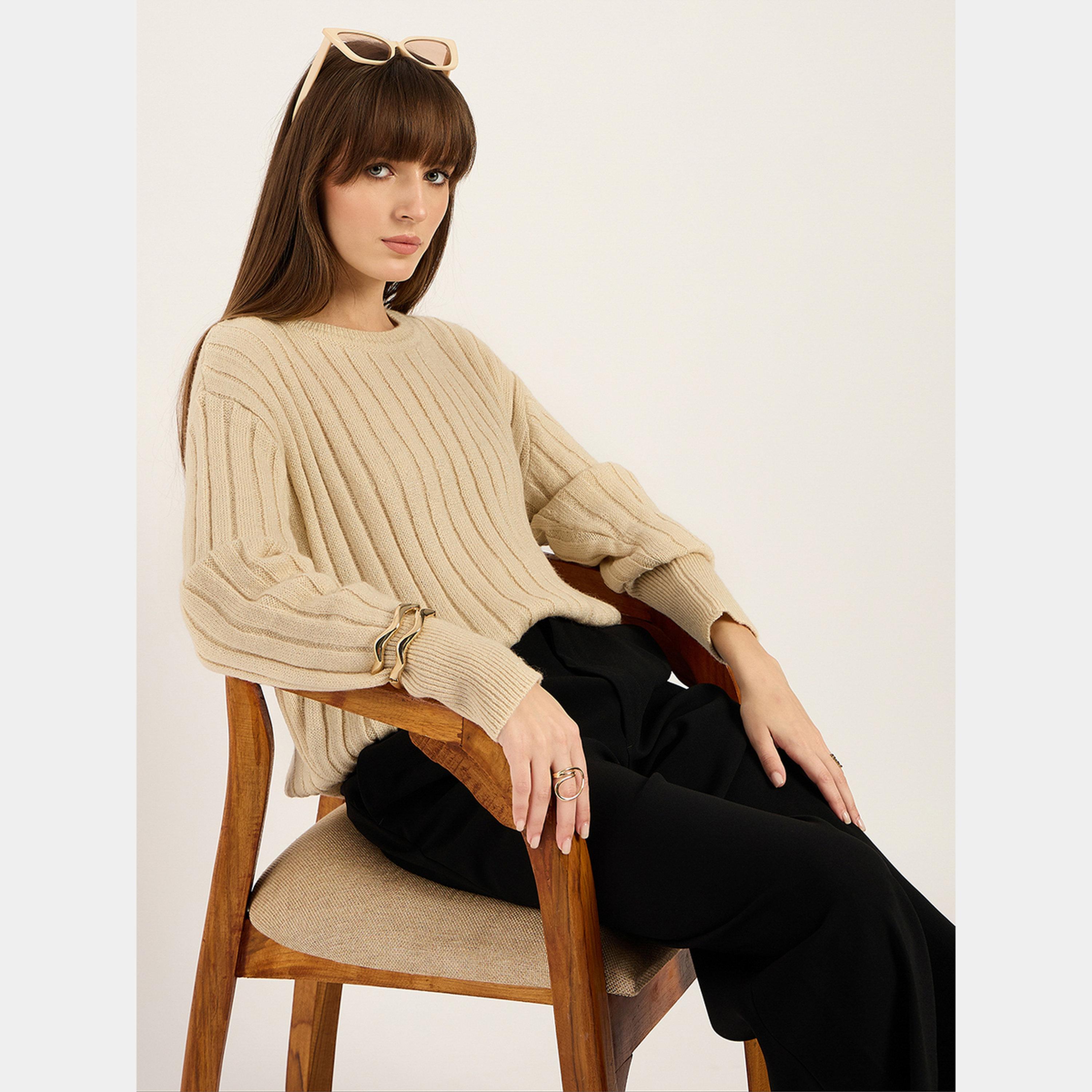 فيميلا - سترة نسائية محبوكة مضلعة باللون البيج، بأكمام طويلة ورقبة دائرية-women-winterwear-cardigansandjumpers-jumpers-image-5