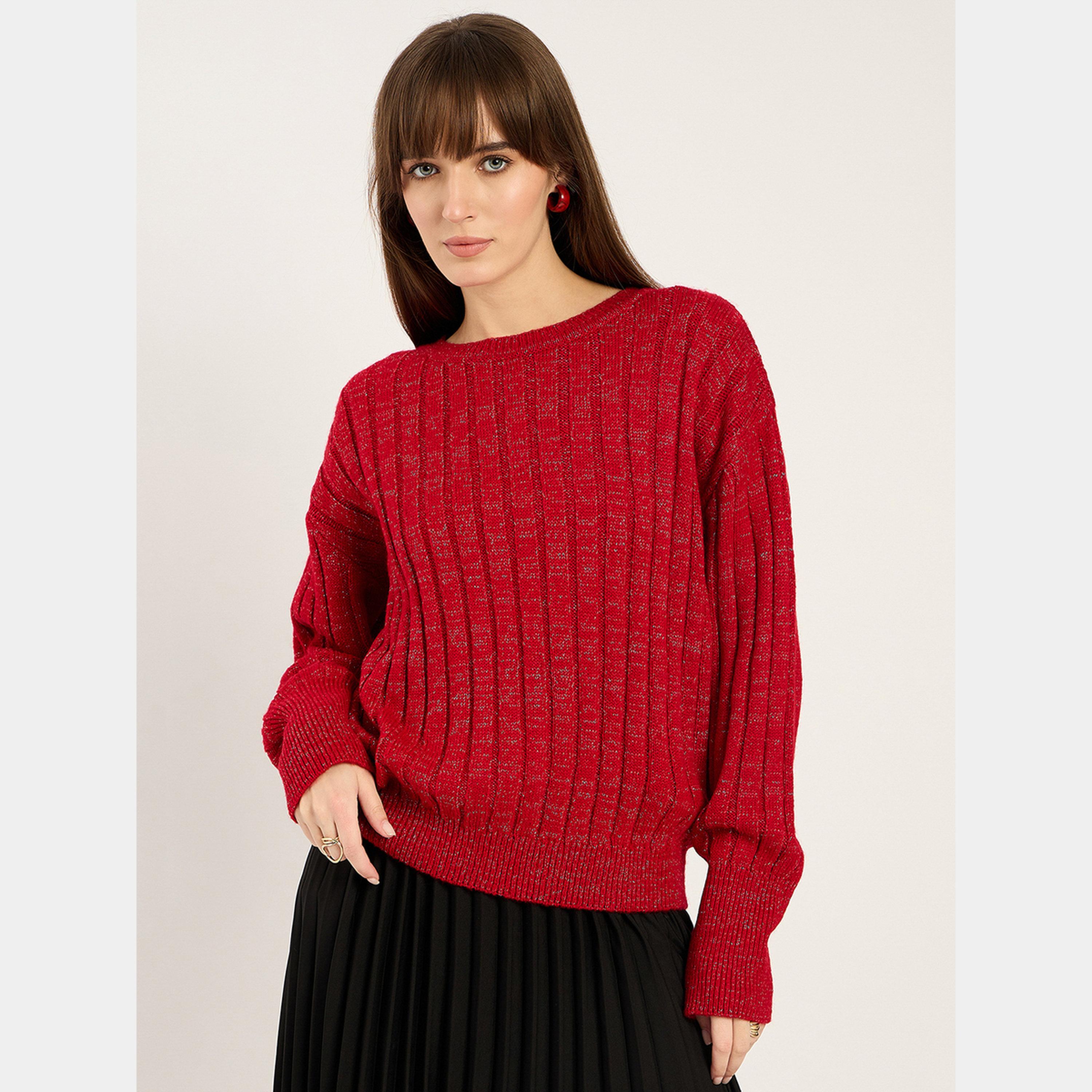 فيميلا - سترة نسائية حمراء محبوكة من لوركس، بأكمام طويلة، وياقة دائرية-women-clothing-cardigansandjumpers-jumpers-image-1