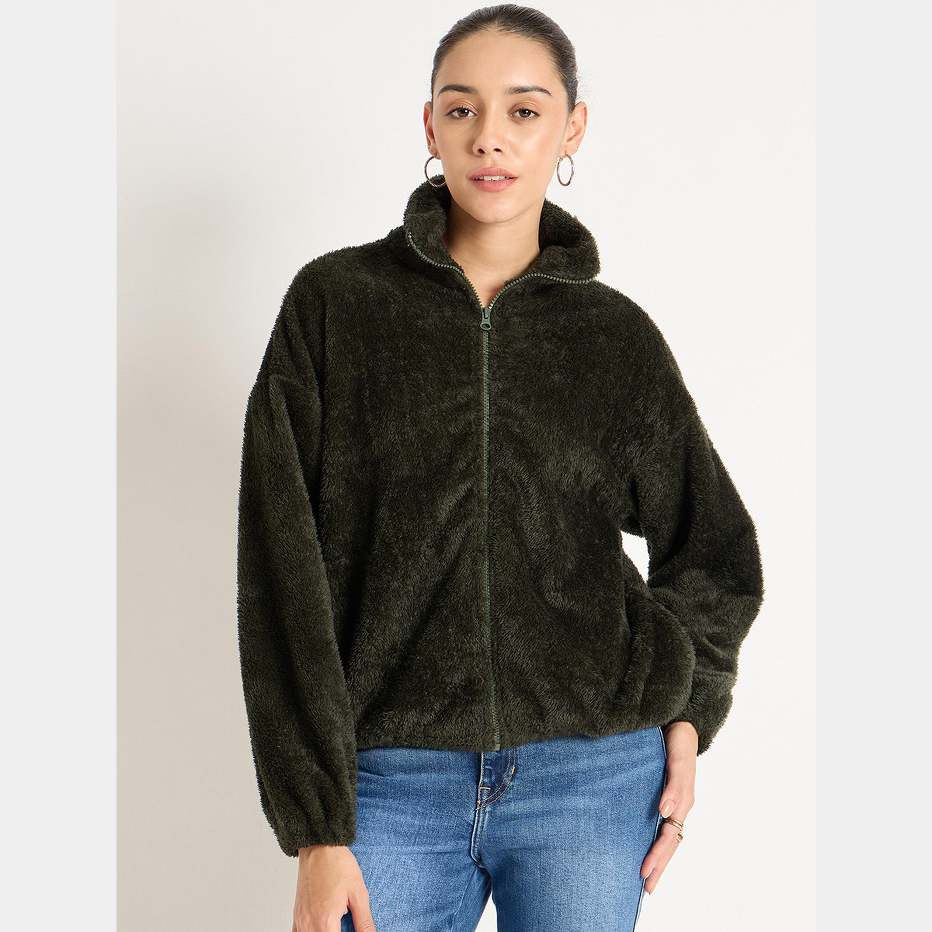 Femmella Olive Fuzzy Fleece Zip-Up Jacket-women-winterwear-coatsandjackets-jackets-image-1