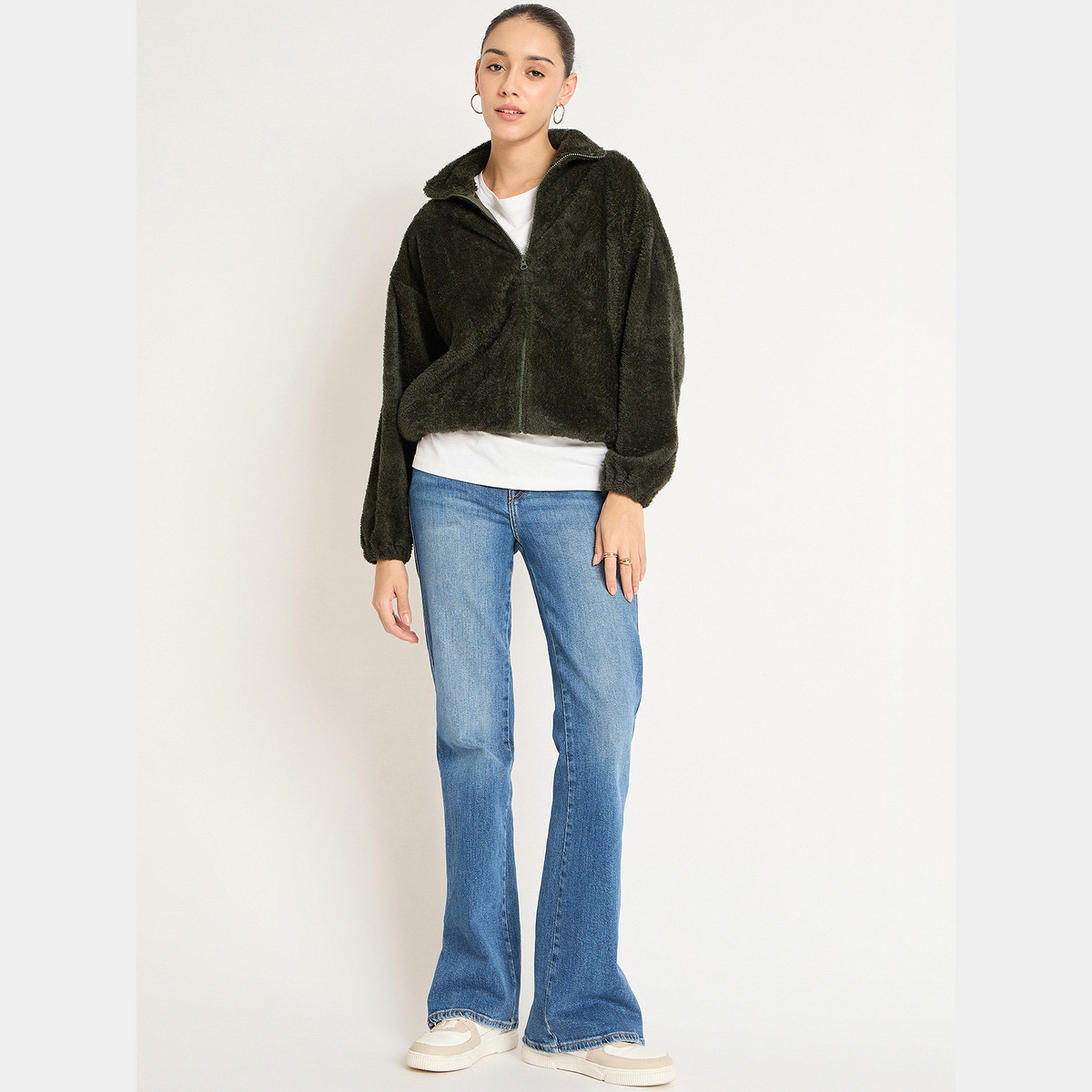 Femmella Olive Fuzzy Fleece Zip-Up Jacket-women-winterwear-coatsandjackets-jackets-image-2