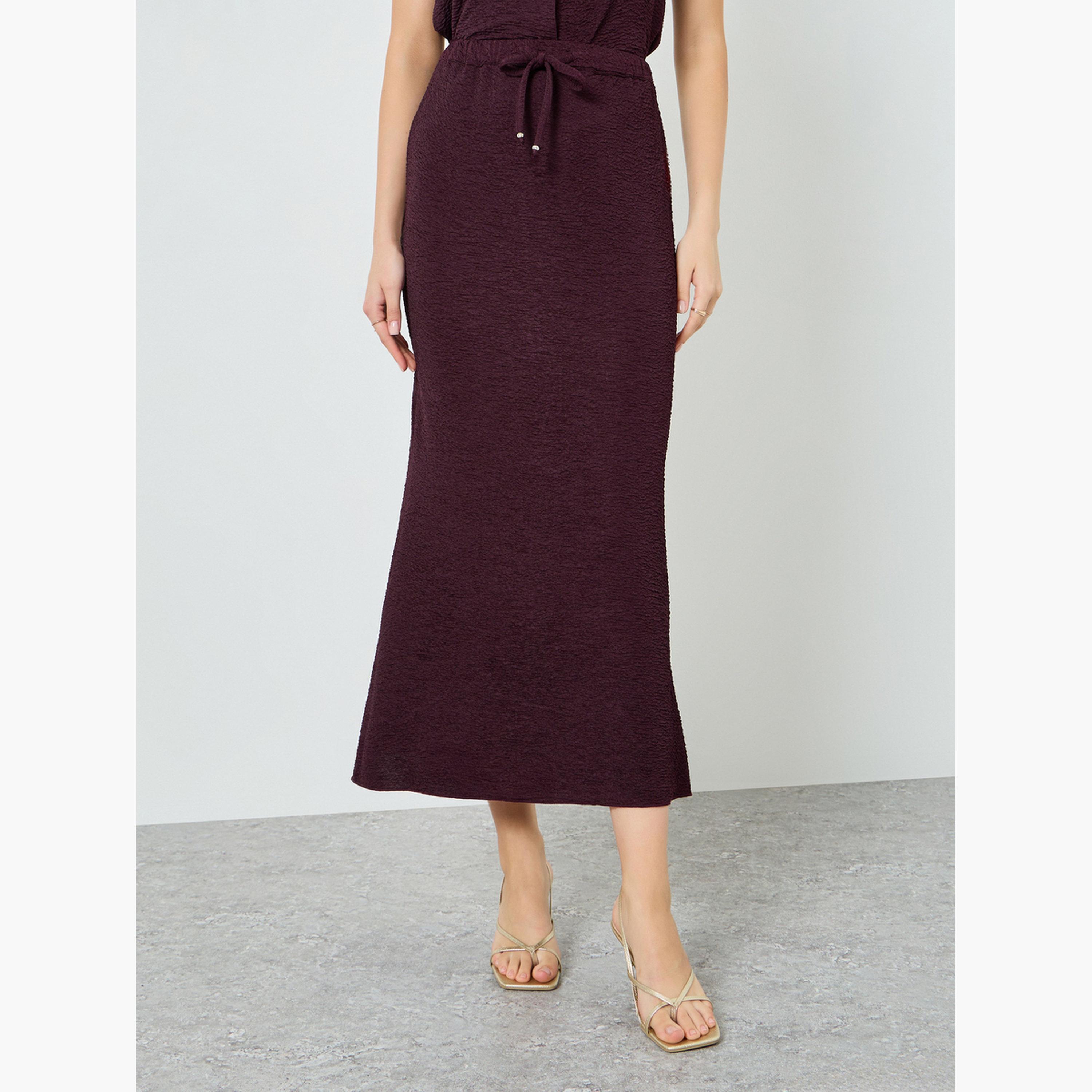 Styli Women Burgundy Textured Straight Maxi Skirt-women-clothing-bottoms-skirts-image-1
