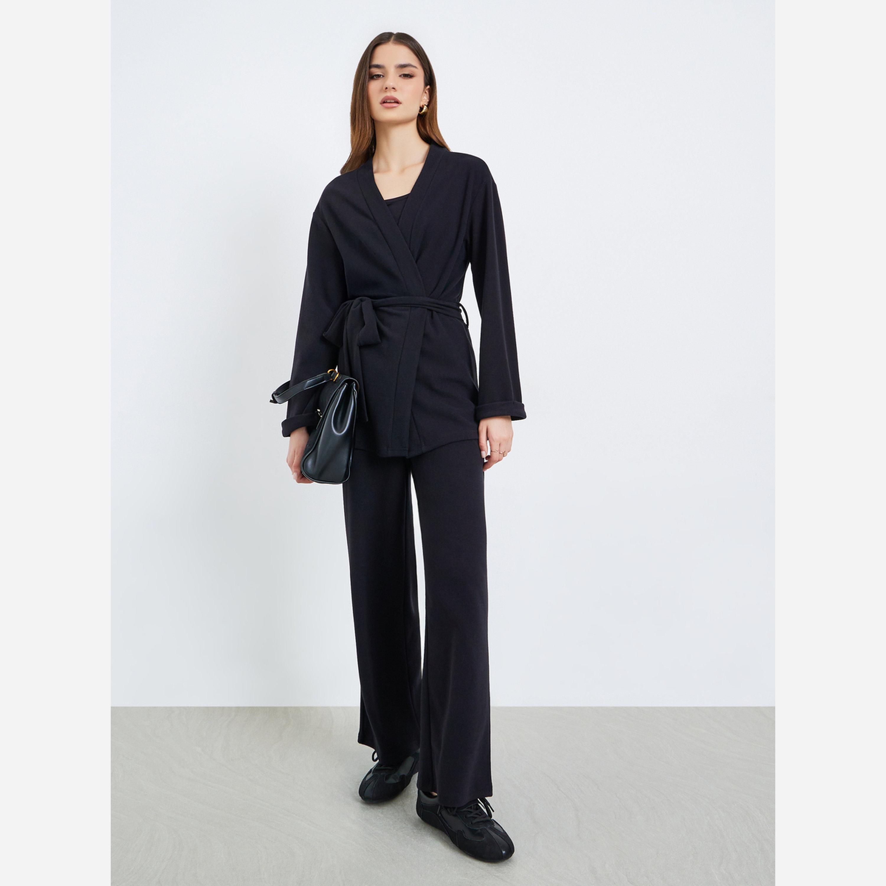 ستايلي - طقم كارديجان وبنطال لون أسود طويل بحزام للنساء-women-clothing-coordsets-image-1