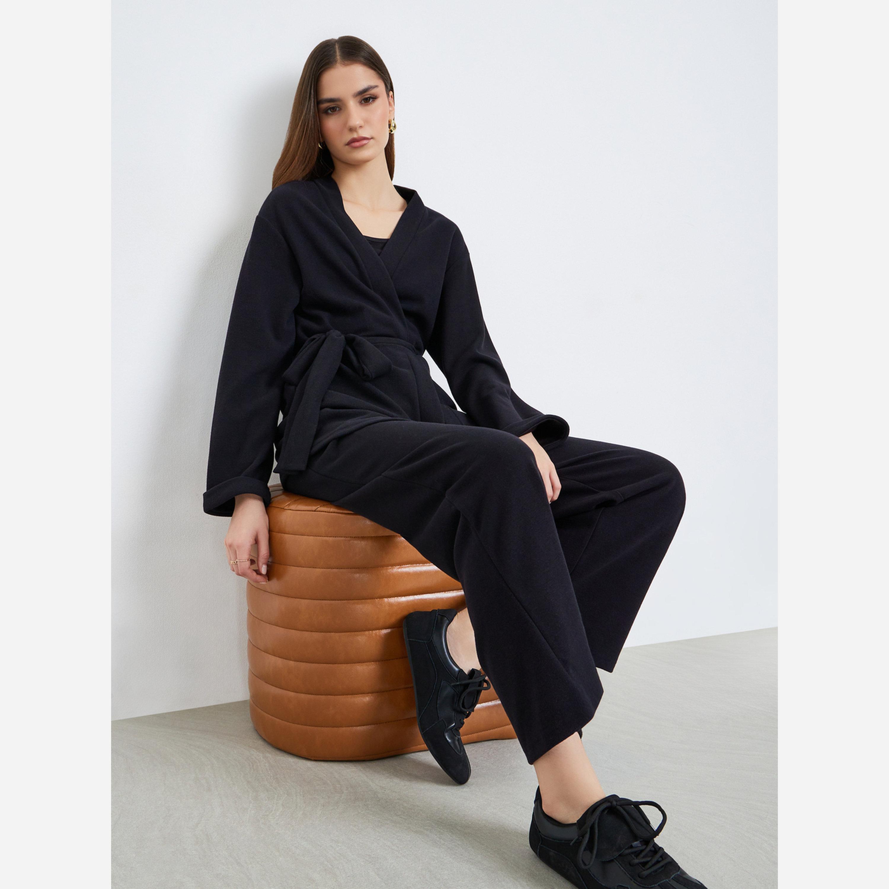 ستايلي - طقم كارديجان وبنطال لون أسود طويل بحزام للنساء-women-clothing-coordsets-image-2