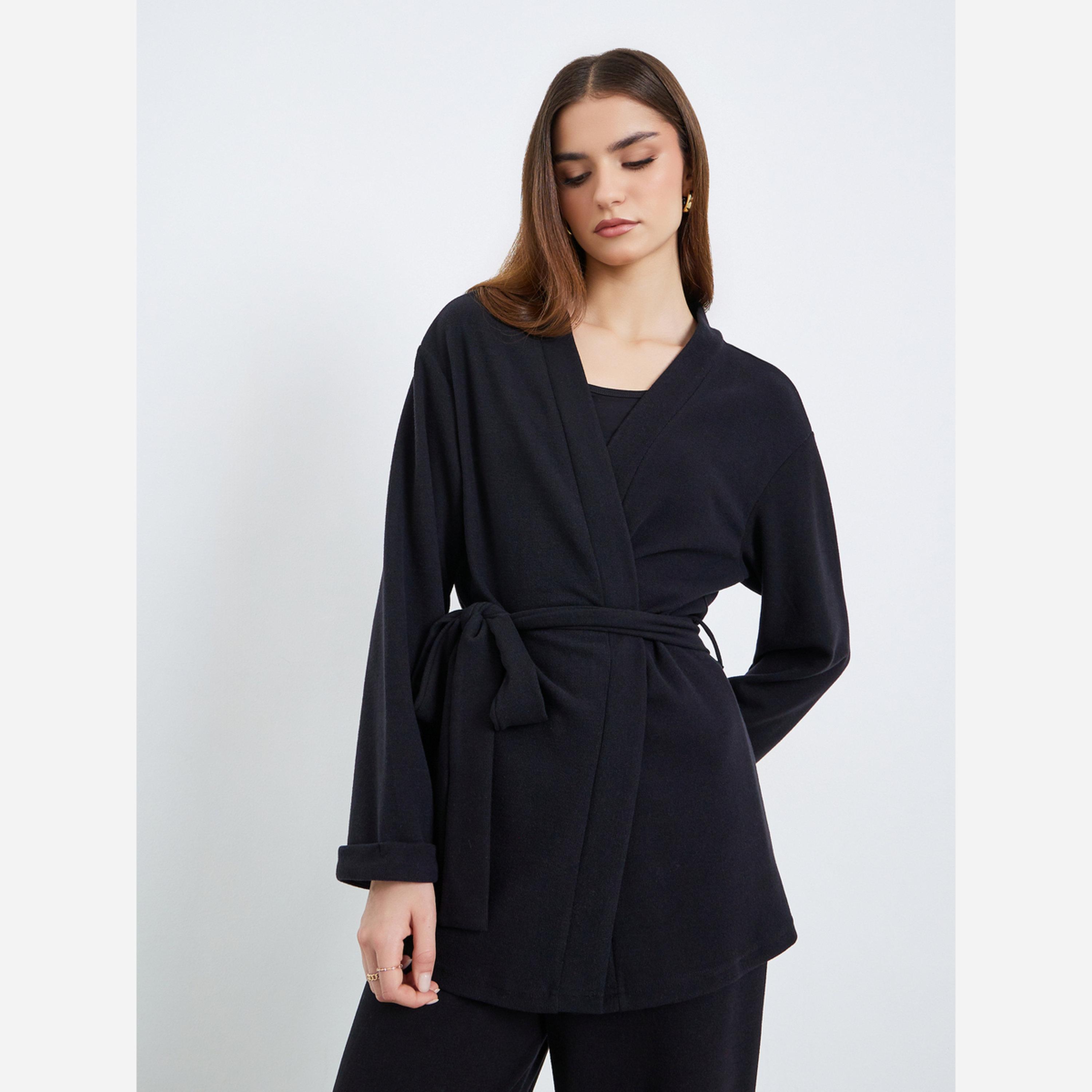 ستايلي - طقم كارديجان وبنطال لون أسود طويل بحزام للنساء-women-clothing-coordsets-image-3