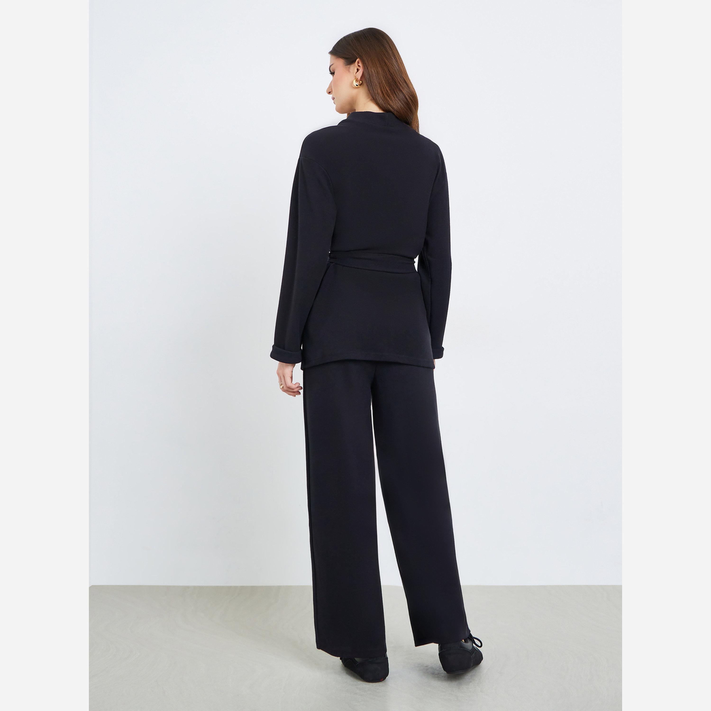 ستايلي - طقم كارديجان وبنطال لون أسود طويل بحزام للنساء-women-clothing-coordsets-image-6