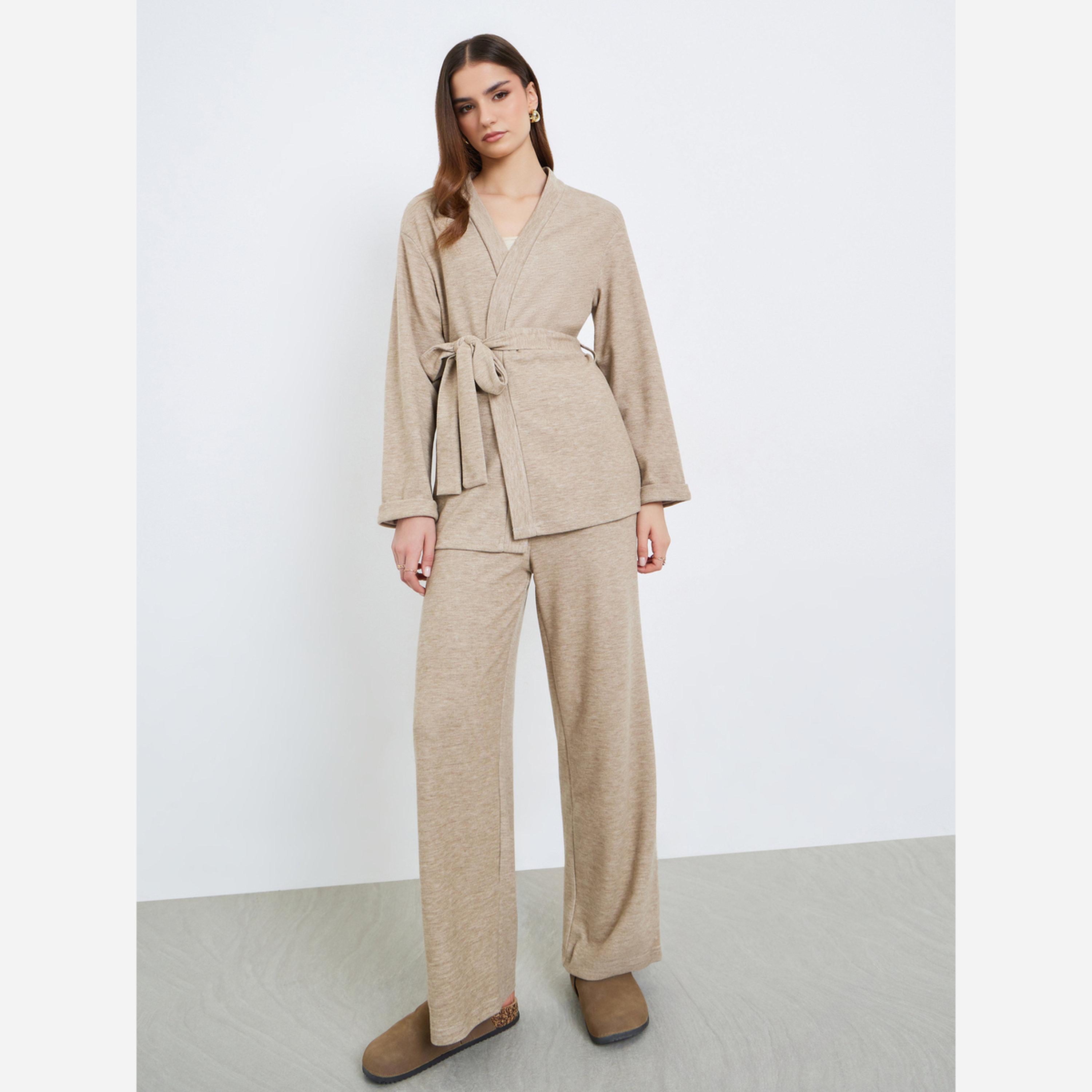 ستايلي - طقم نسائي كارديجان وبنطال طويل بحزام لون بيج-women-clothing-coordsets-image-1