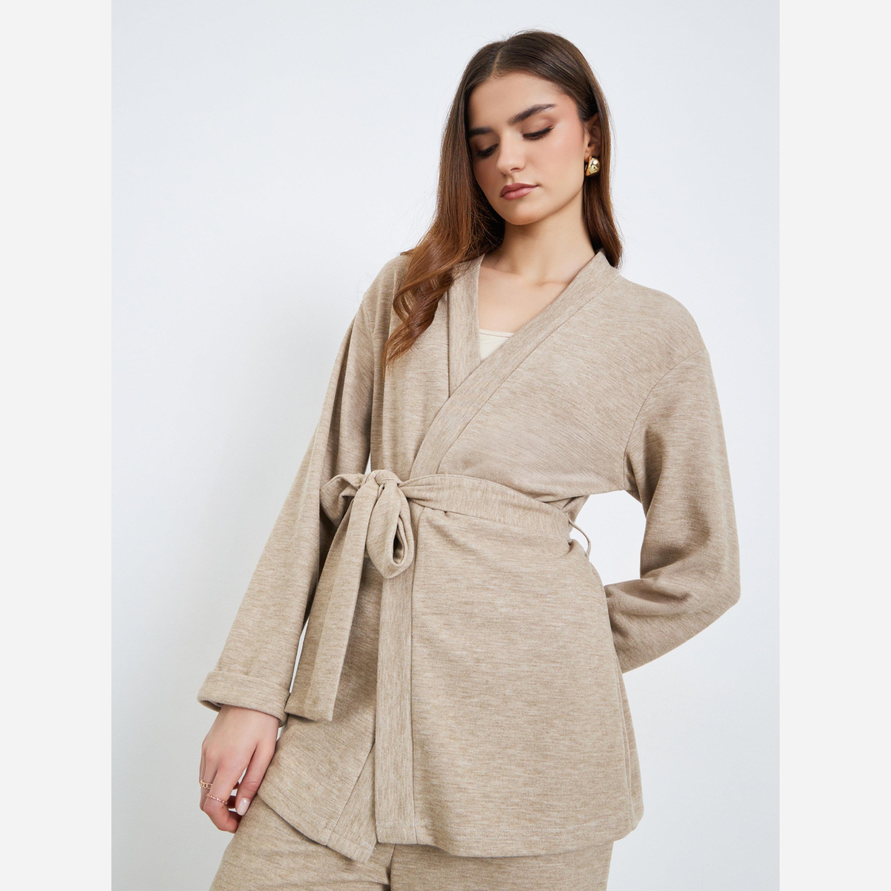 ستايلي - طقم نسائي كارديجان وبنطال طويل بحزام لون بيج-women-clothing-coordsets-image-2