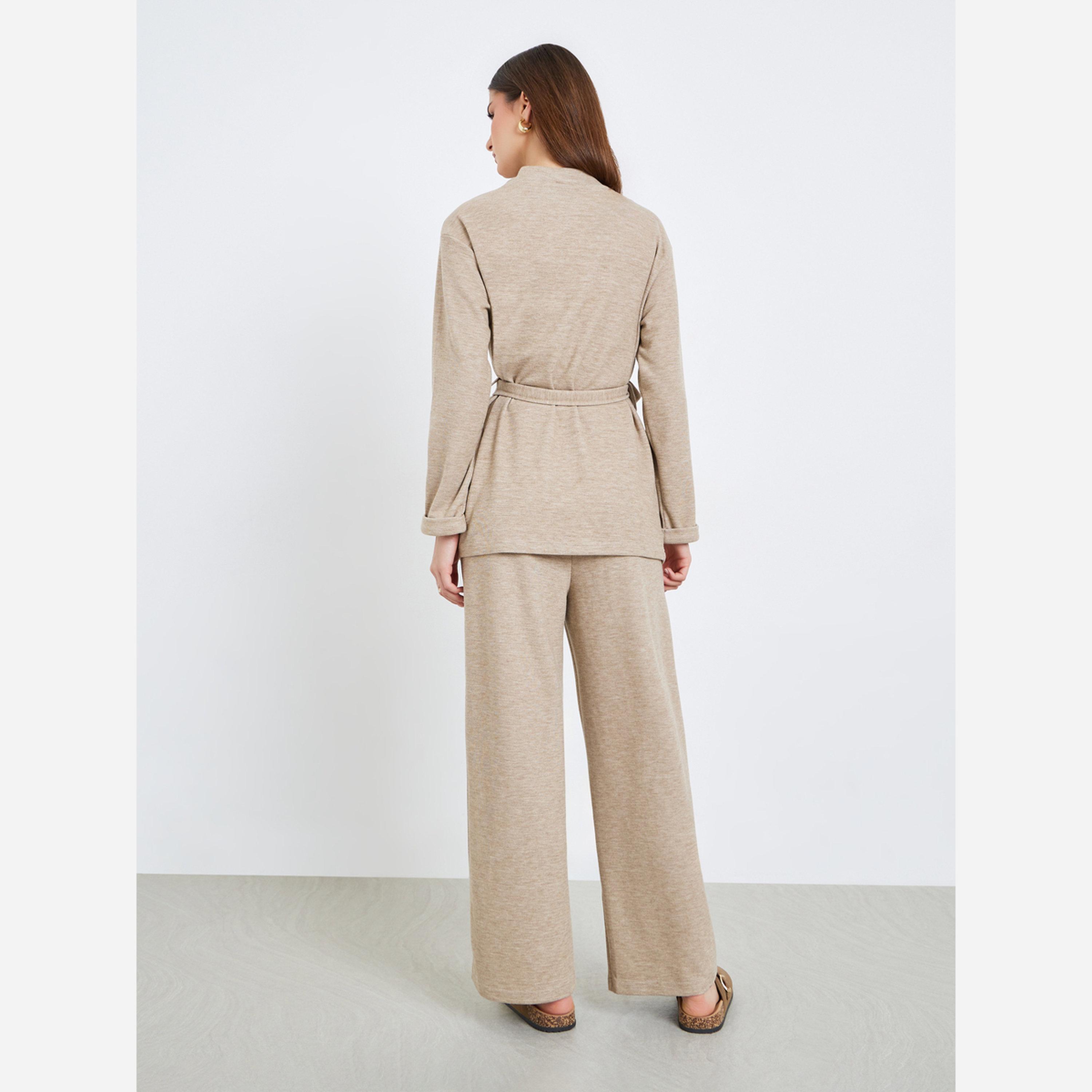 ستايلي - طقم نسائي كارديجان وبنطال طويل بحزام لون بيج-women-clothing-coordsets-image-5