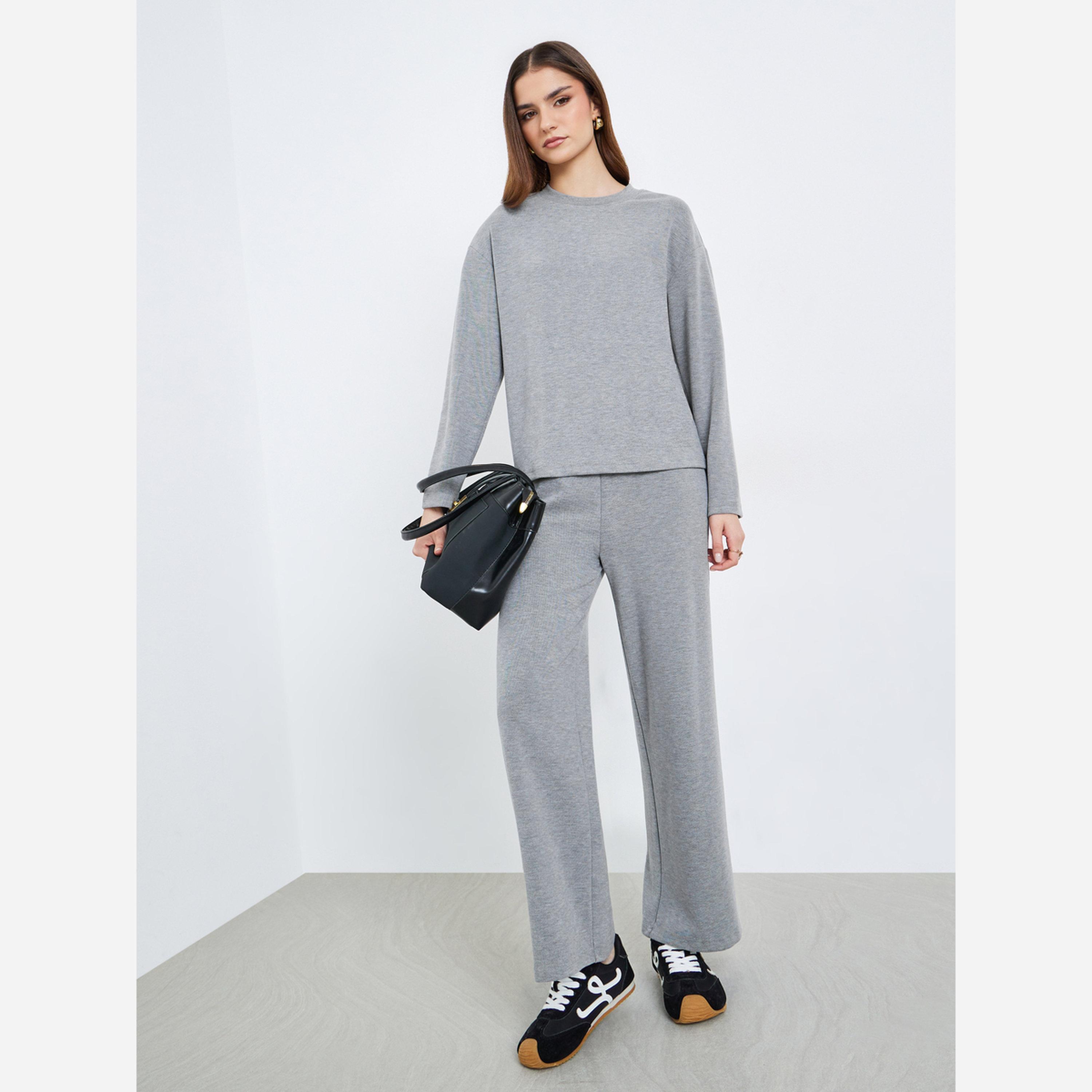 Styli Women Grey Knit Top and Pants Co-Ords-women-clothing-coordsets-image-2