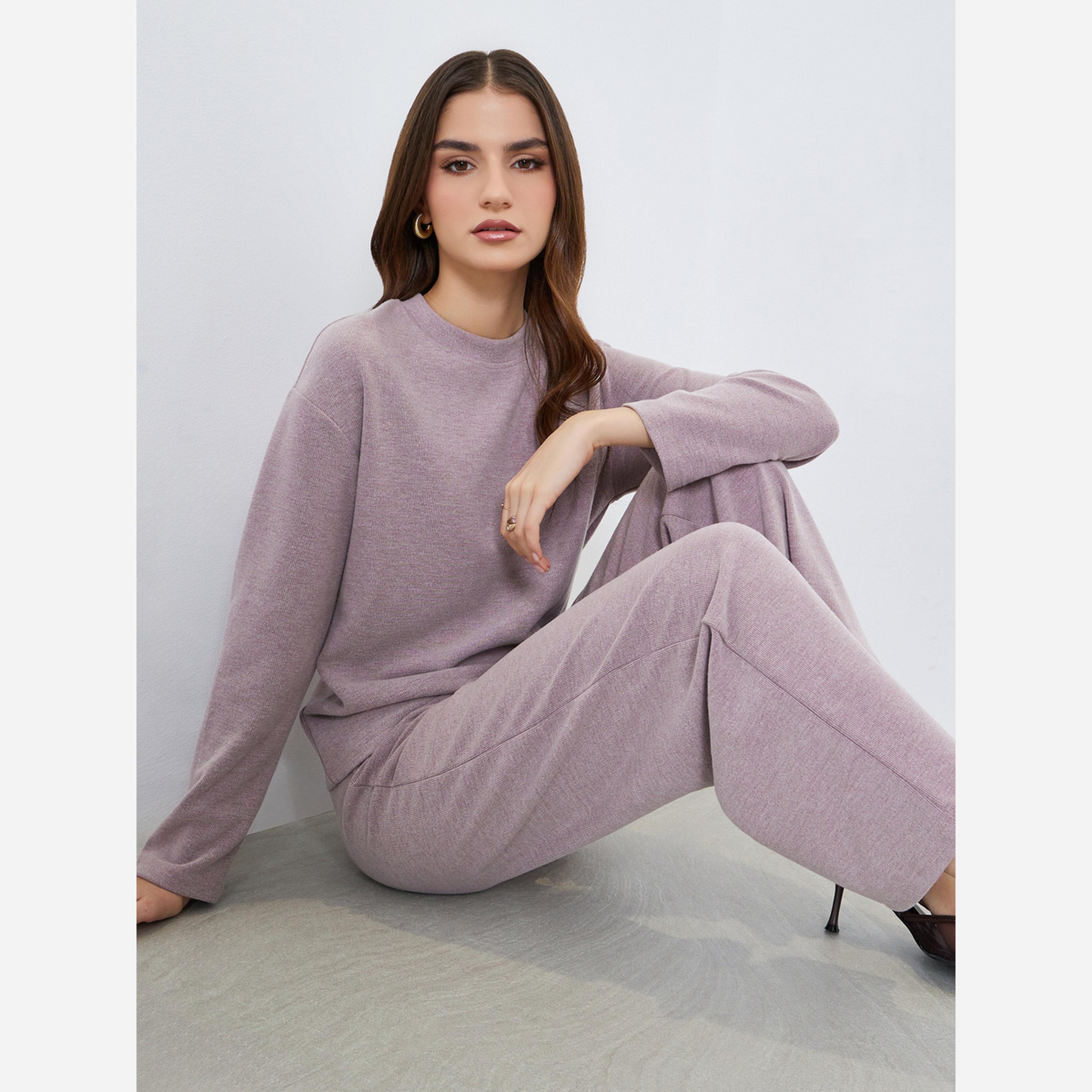 ستايلي - طقم نسائي بلوزة وبنطال محبوكين لون ليلكي-women-clothing-coordsets-image-2