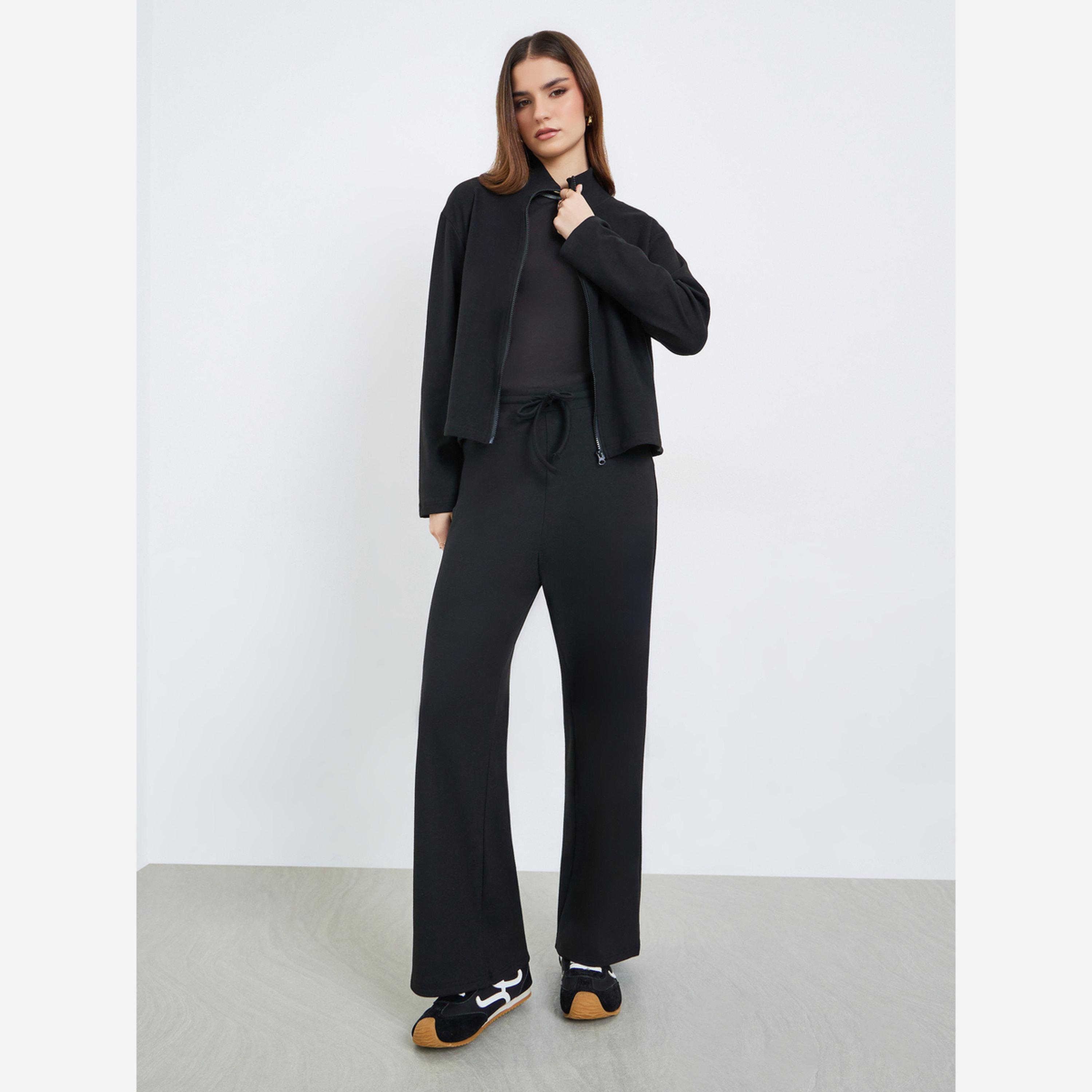 ستايلي - طقم نسائي لون أسود من جاكيت وبنطال محبوك بسحاب أمامي-women-clothing-coordsets-image-1