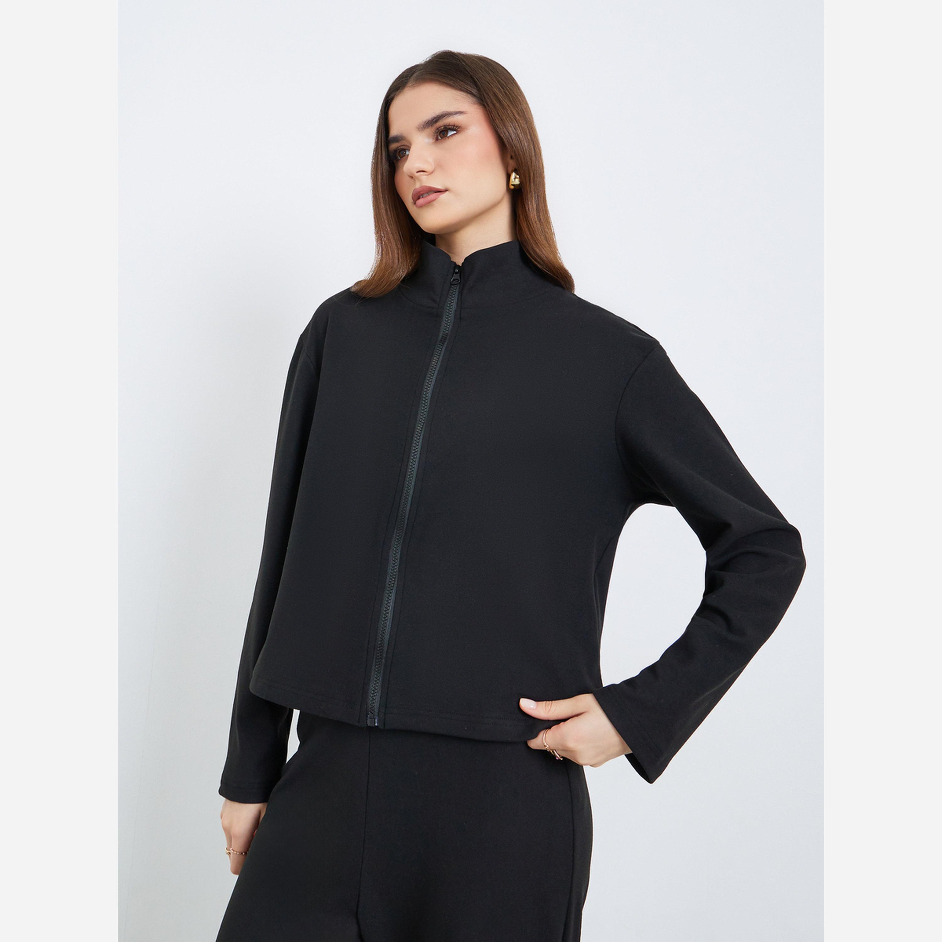 ستايلي - طقم نسائي لون أسود من جاكيت وبنطال محبوك بسحاب أمامي-women-clothing-coordsets-image-3