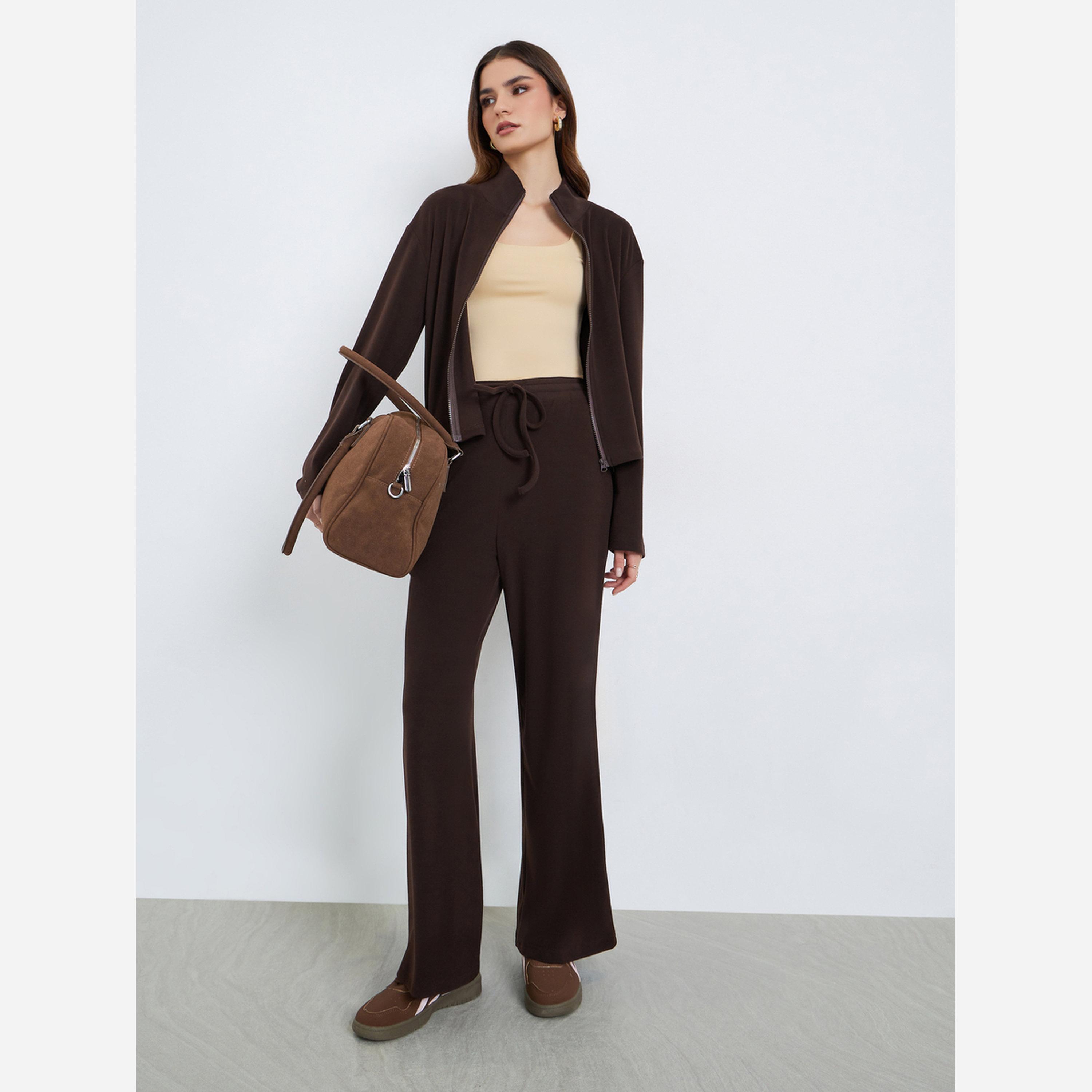 Styli Women Brown Zip-Up Knit Jacket and Pants Co-Ords-women-clothing-coordsets-image-1