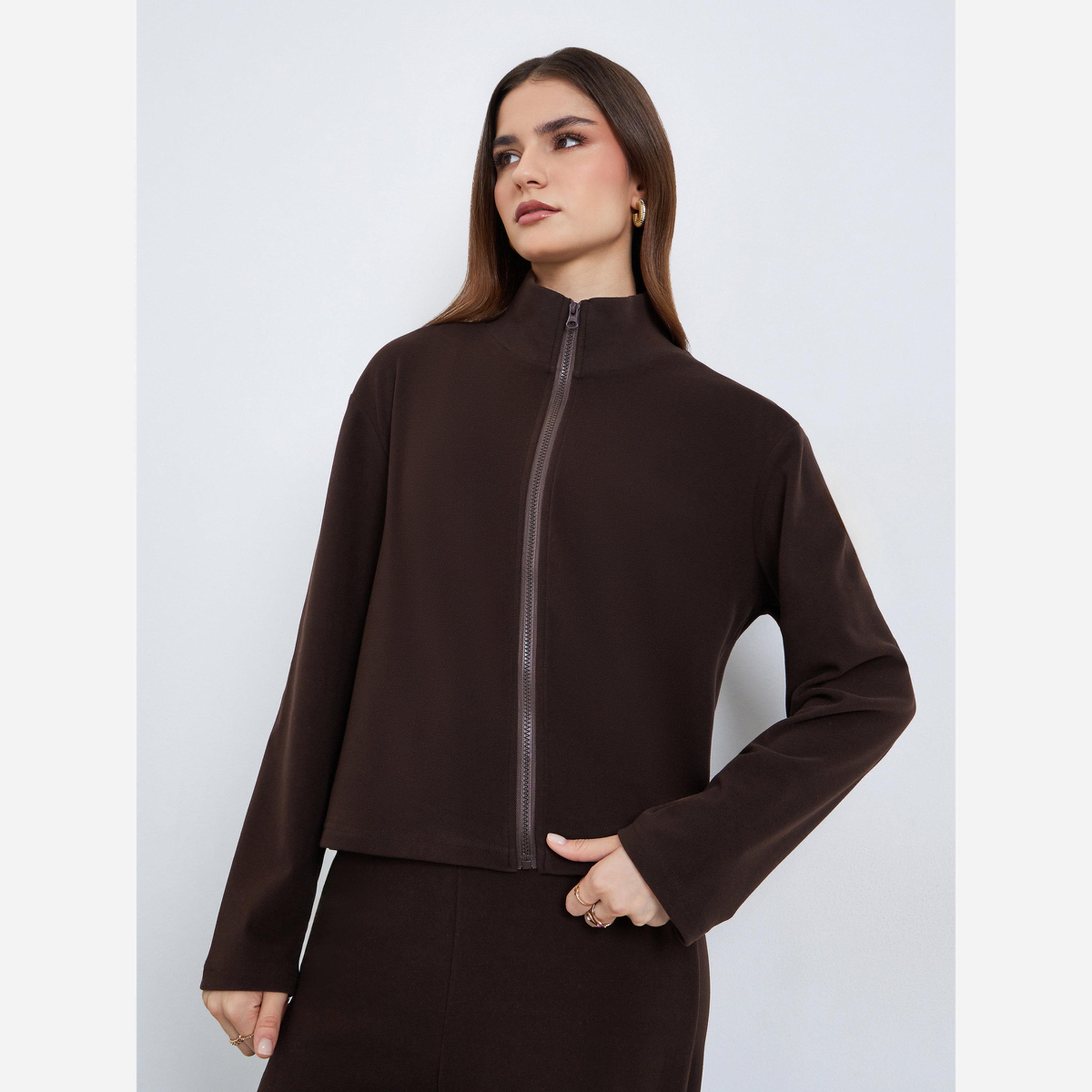 Styli Women Brown Zip-Up Knit Jacket and Pants Co-Ords-women-clothing-coordsets-image-2