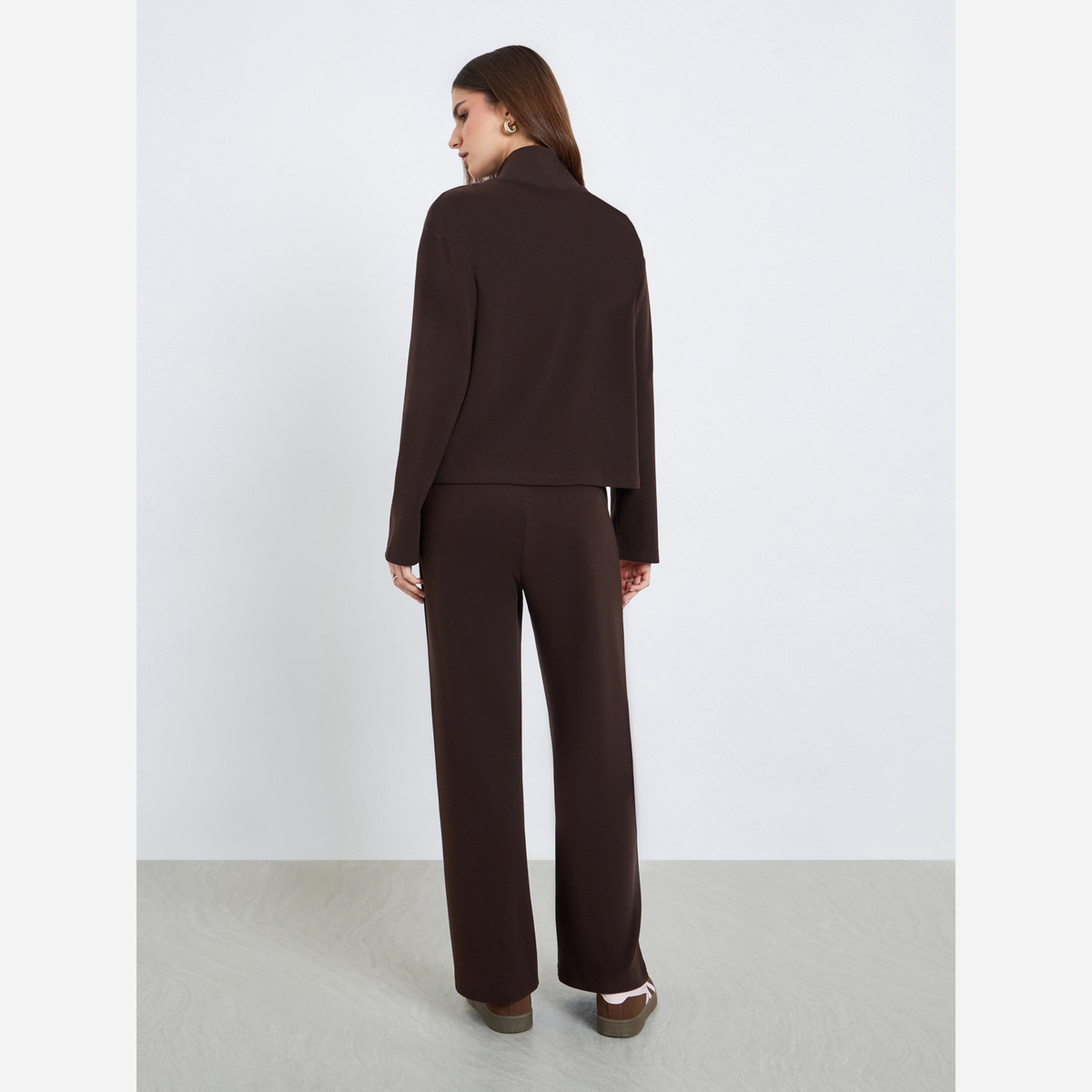Styli Women Brown Zip-Up Knit Jacket and Pants Co-Ords-women-clothing-coordsets-image-5